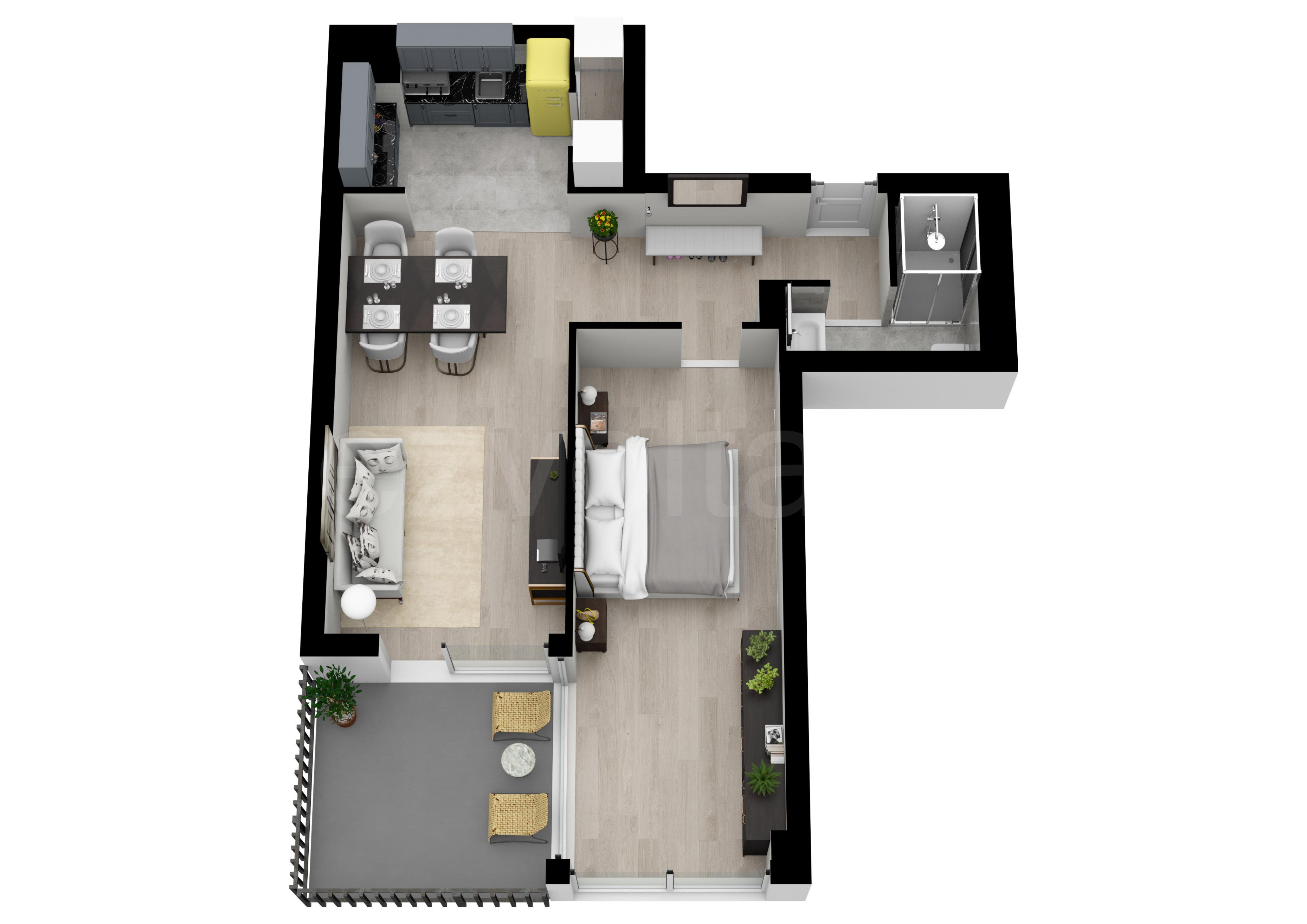 Proiecție 3D Apartament 2 camere 64 mp Marmura Residence