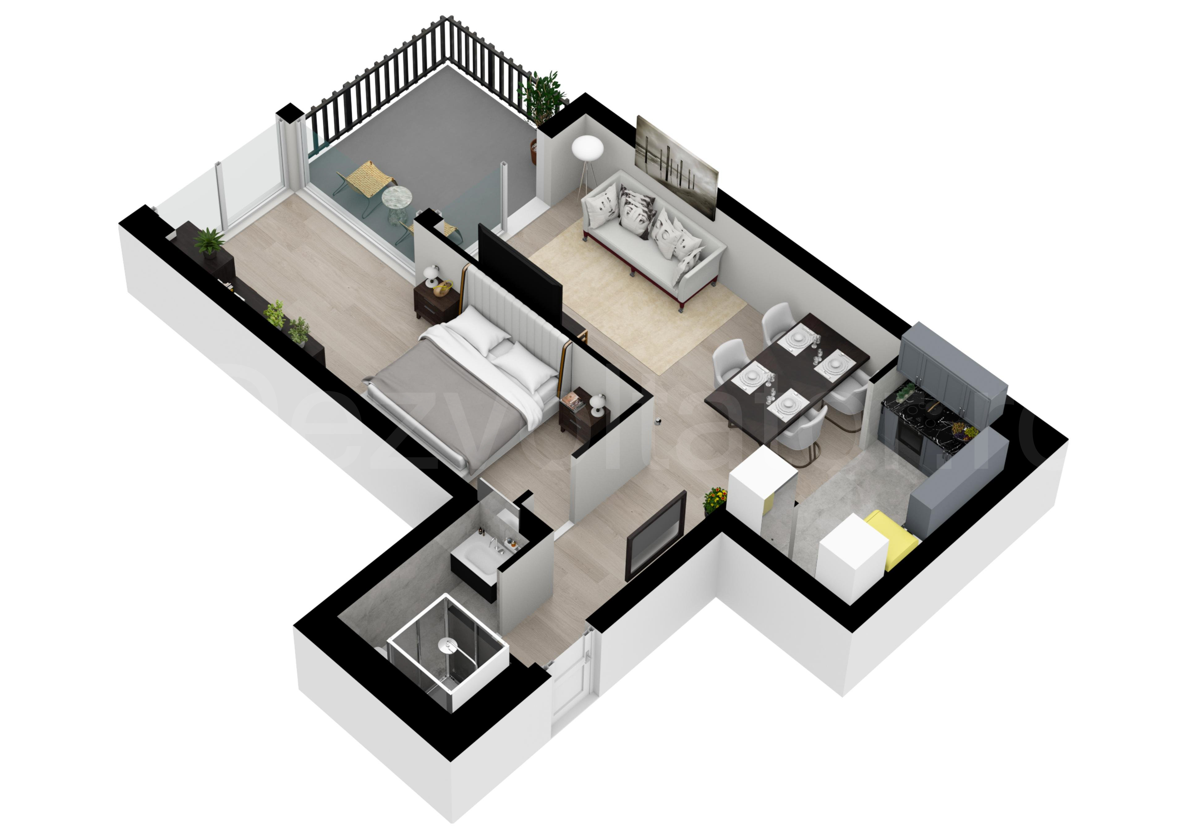 Apartament 2 Camere 64mp Marmura Residence Proiecție 3D 
