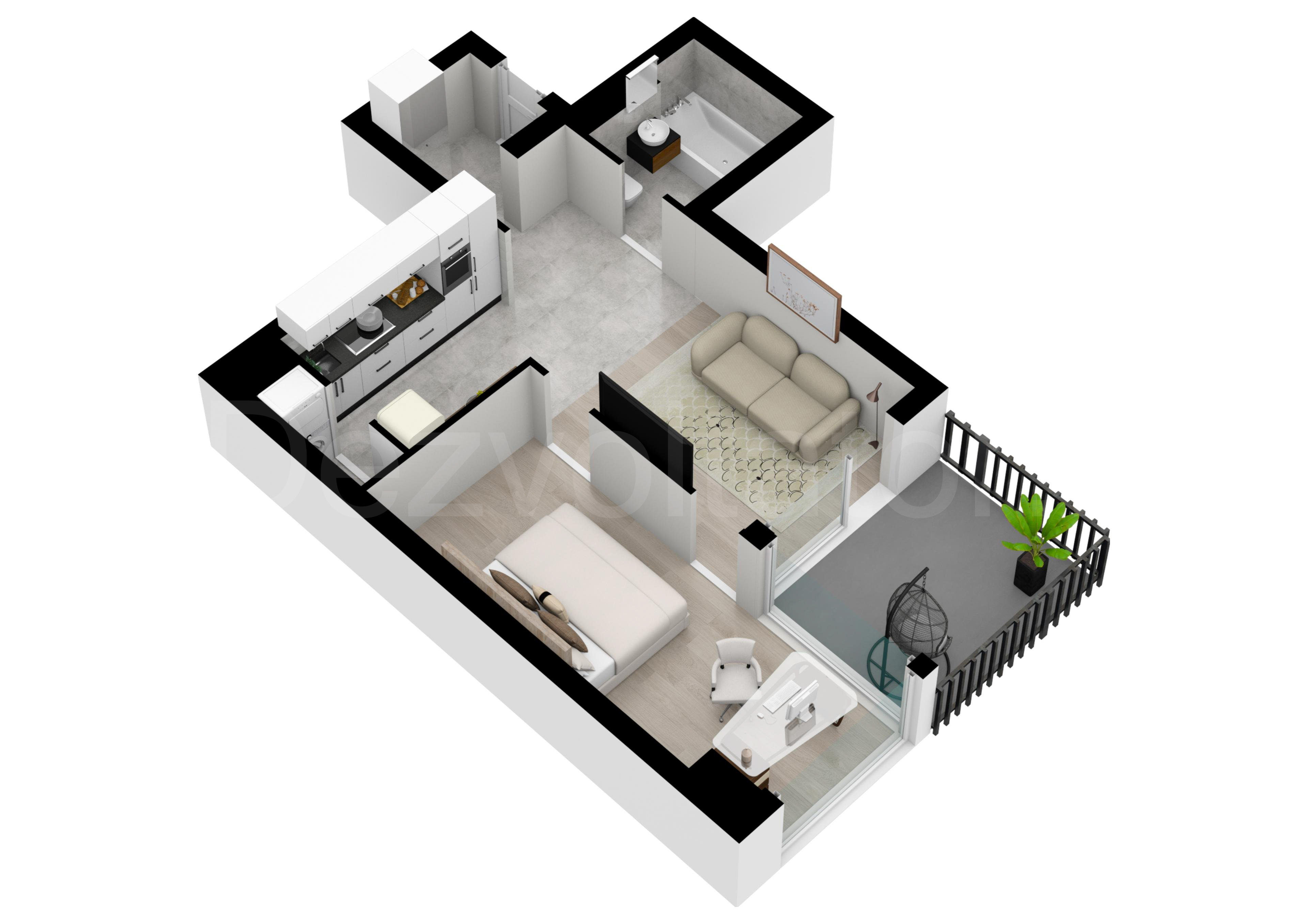 Proiecție 3D Apartament 2 Camere 58mp Marmura Residence