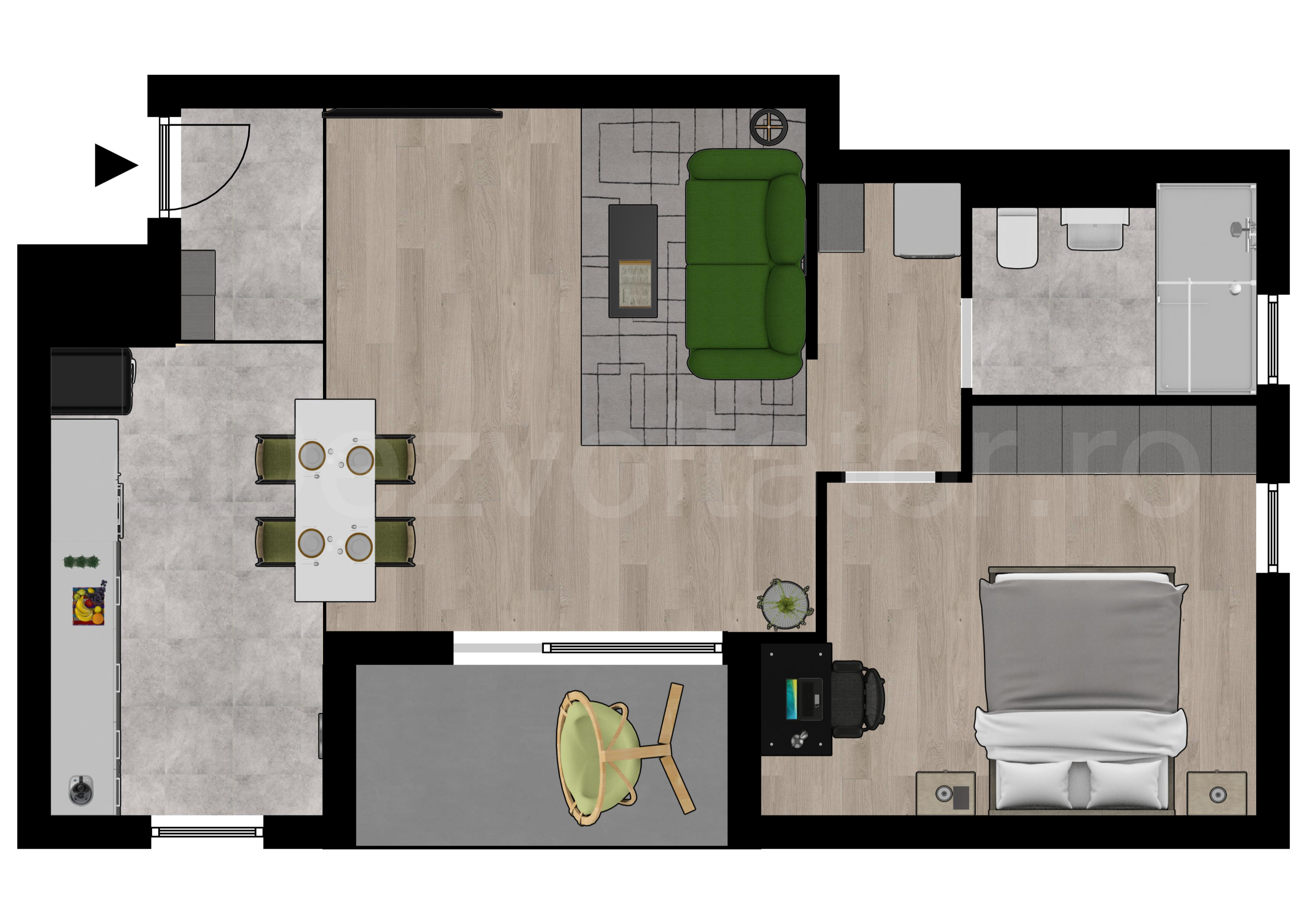 Proiecție 2D Apartament 2 camere 61 mp Marmura Residence 