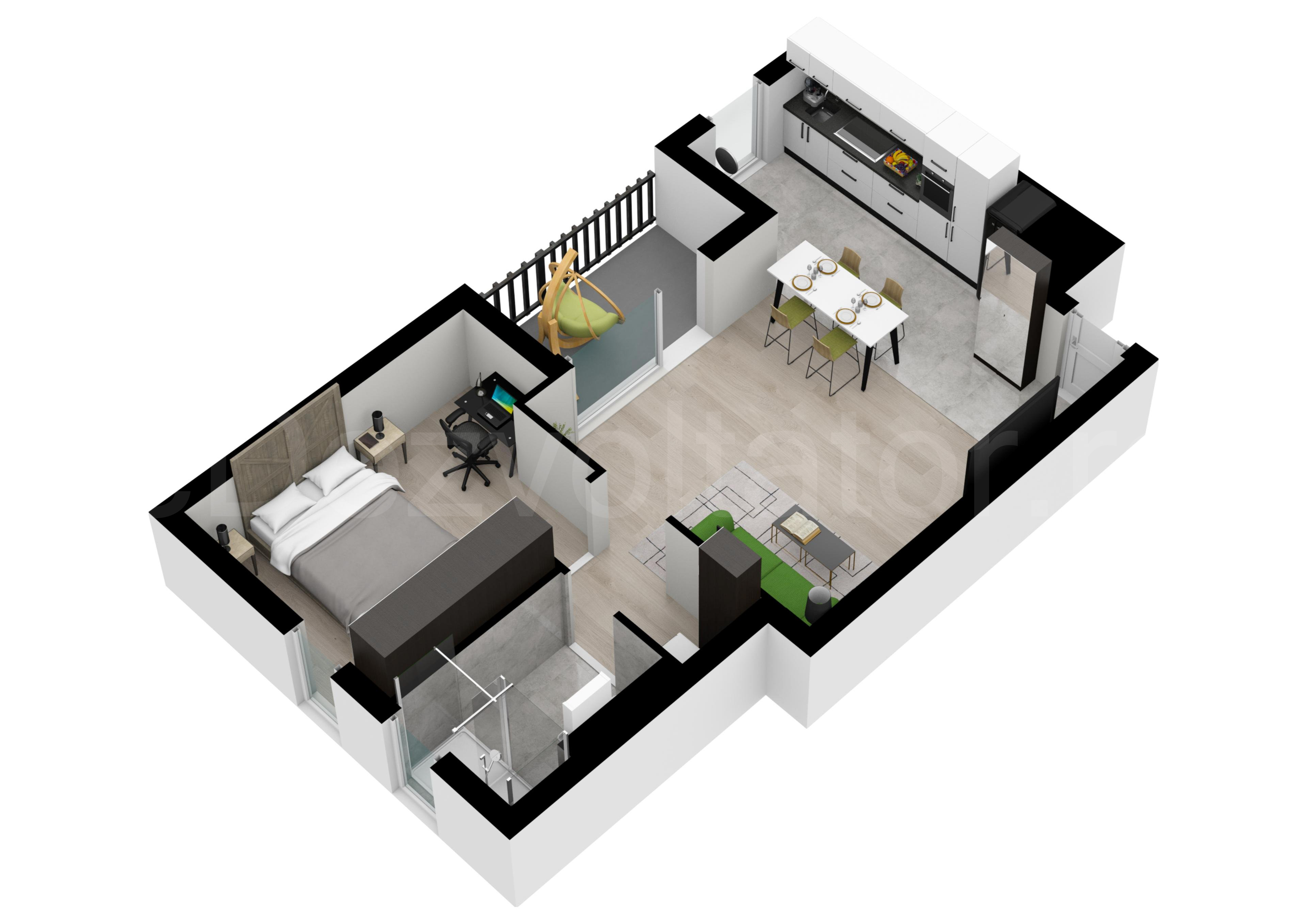 Proiecție 3D Apartament 2 camere 61 mp Marmura Residence