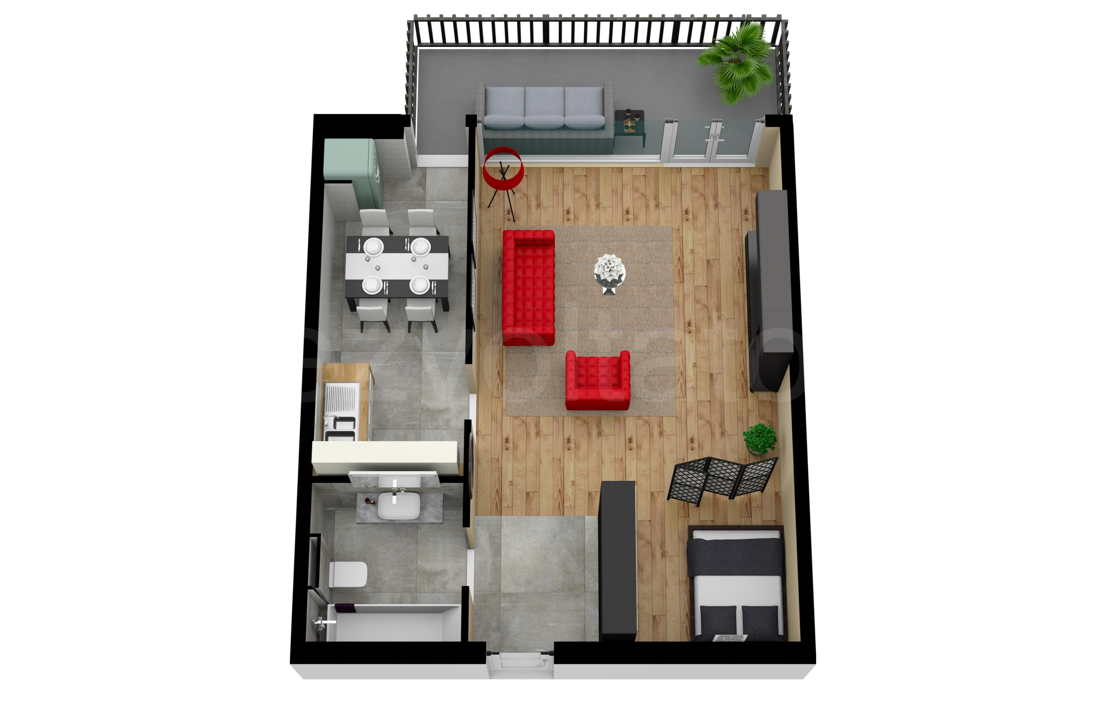 Proiecție 3D Garsonieră 58mp Atria Urban Resort