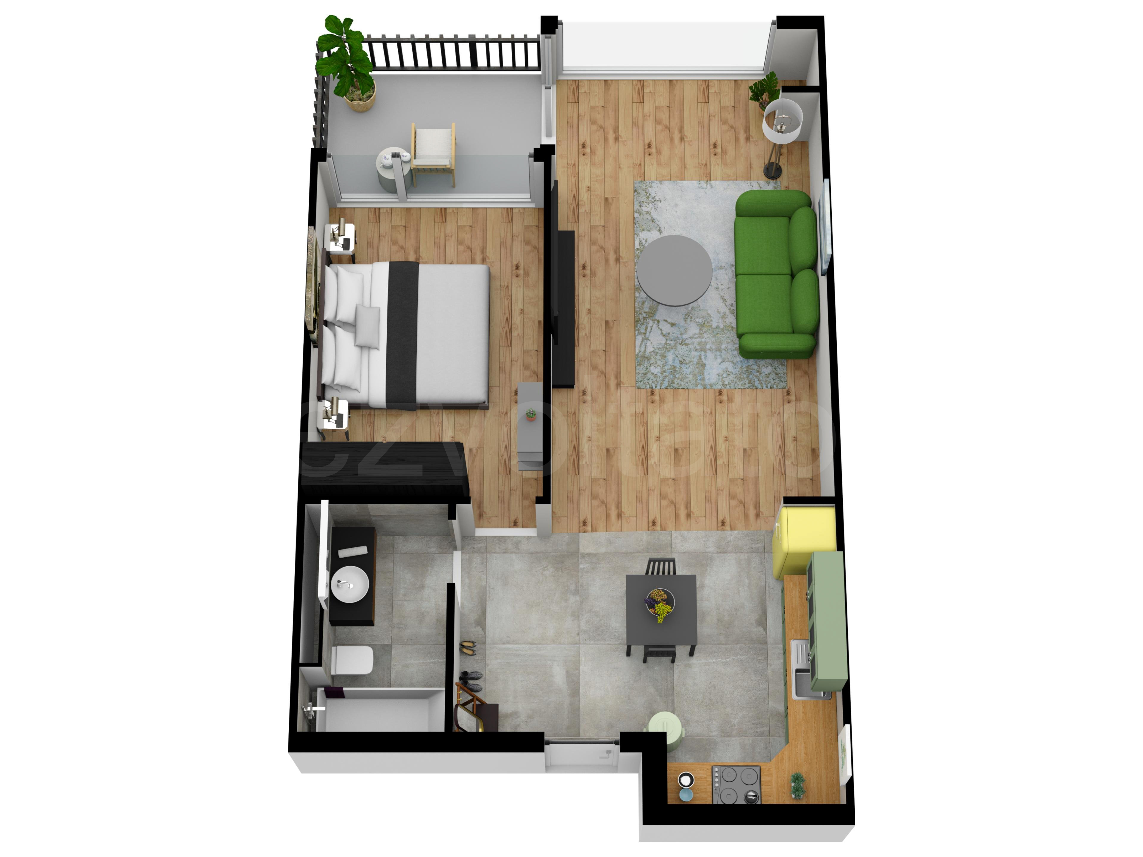 Proiecție 3D Apartament 2 camere 61 mp Atria Urban Resort