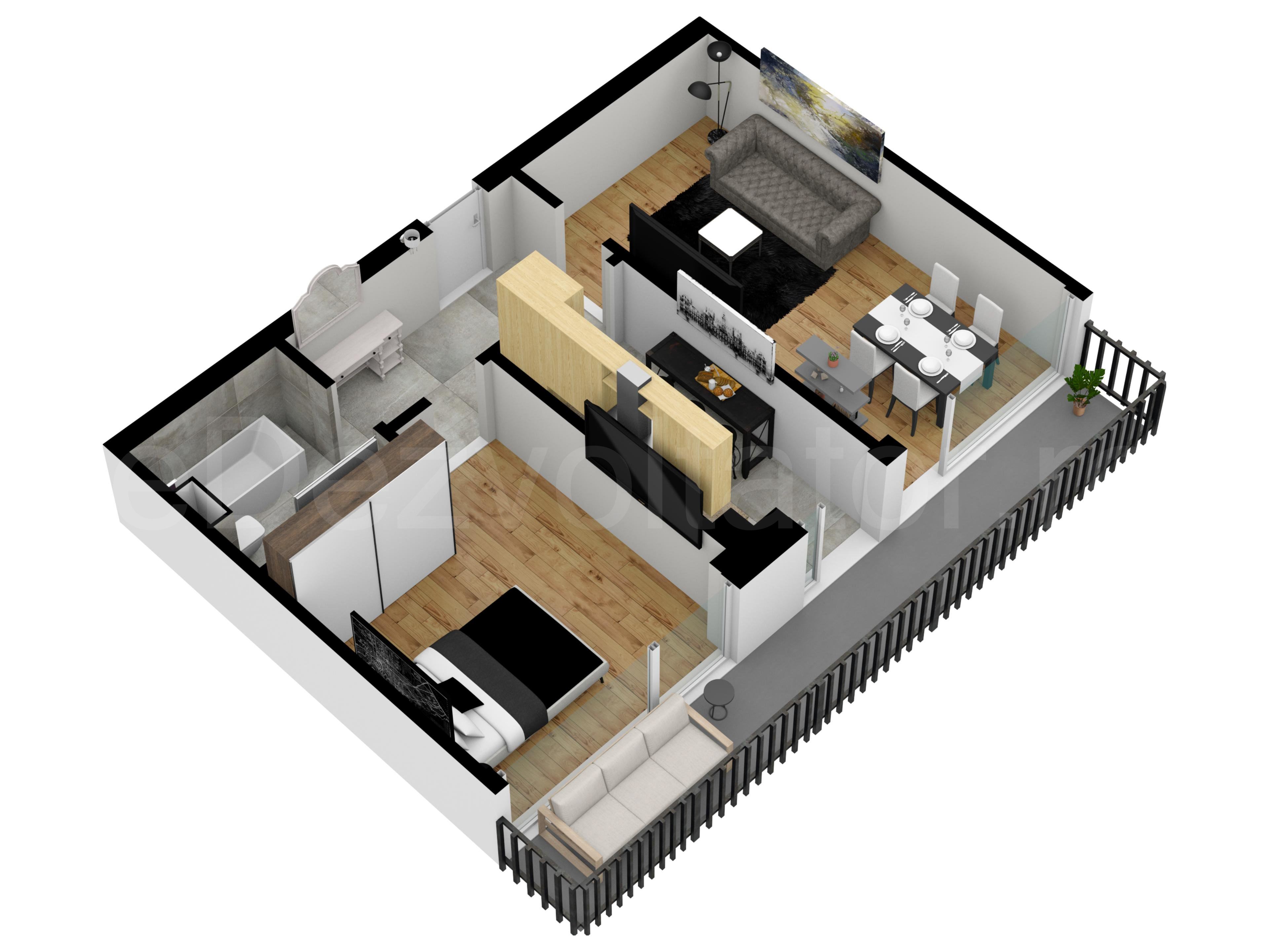 Proiecție 3D Apartament 2 camere 64 mp Atria Urban Resort