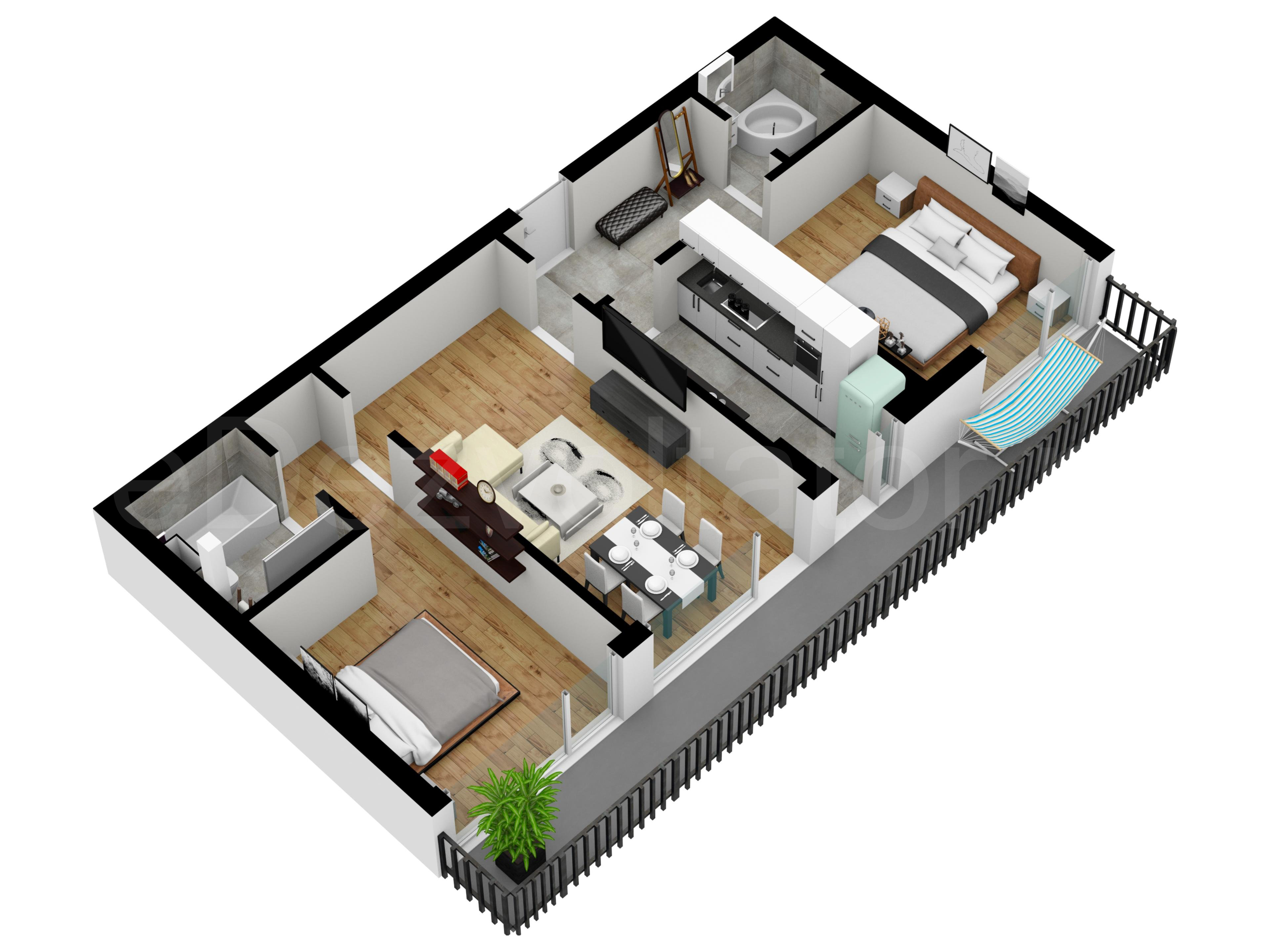 Proiecție 3D Apartament 3 camere 87 mp Atria Urban Resort