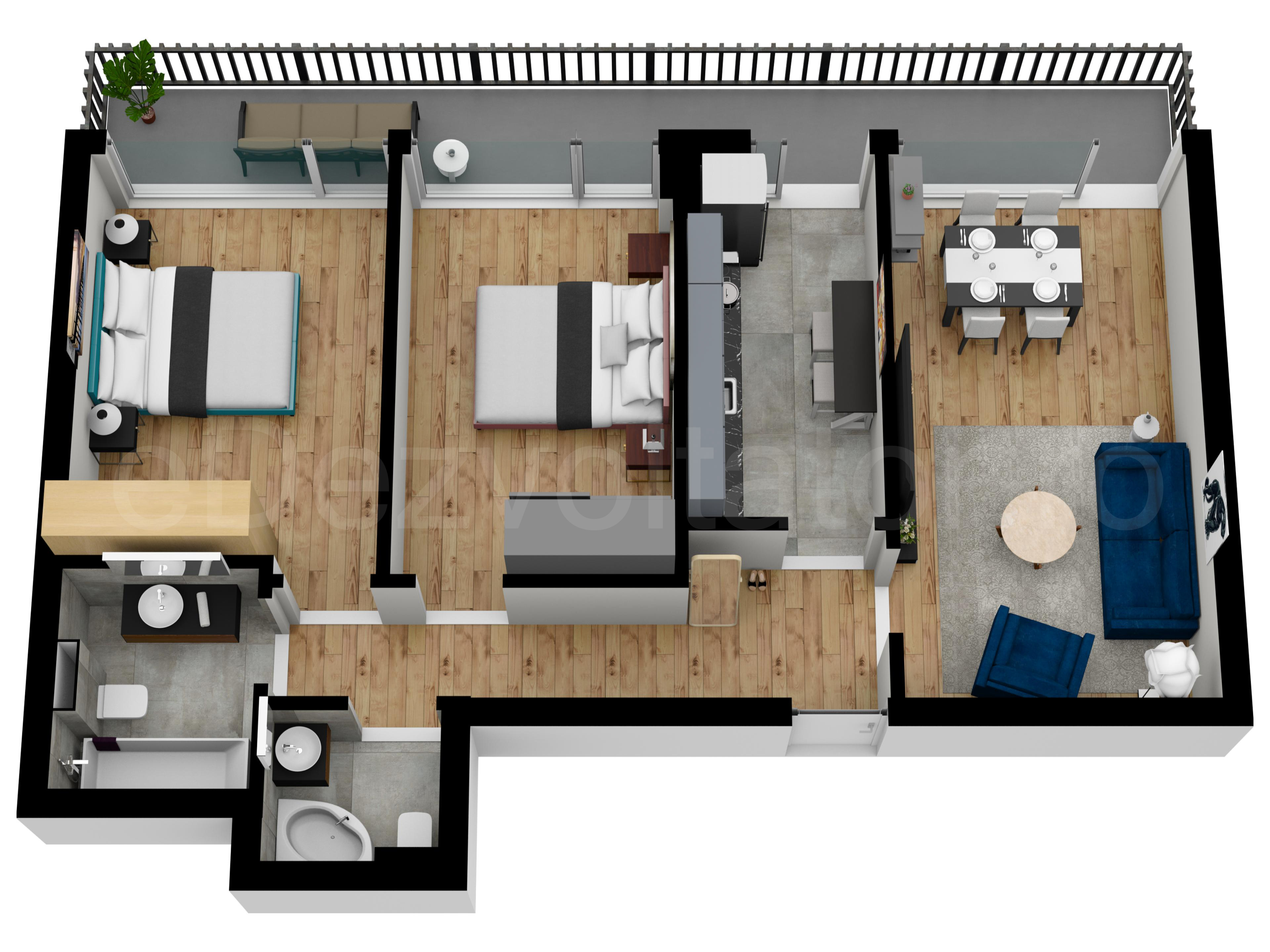 Proiecție 3D Apartament 3 Camere 88mp Atria Urban Resort