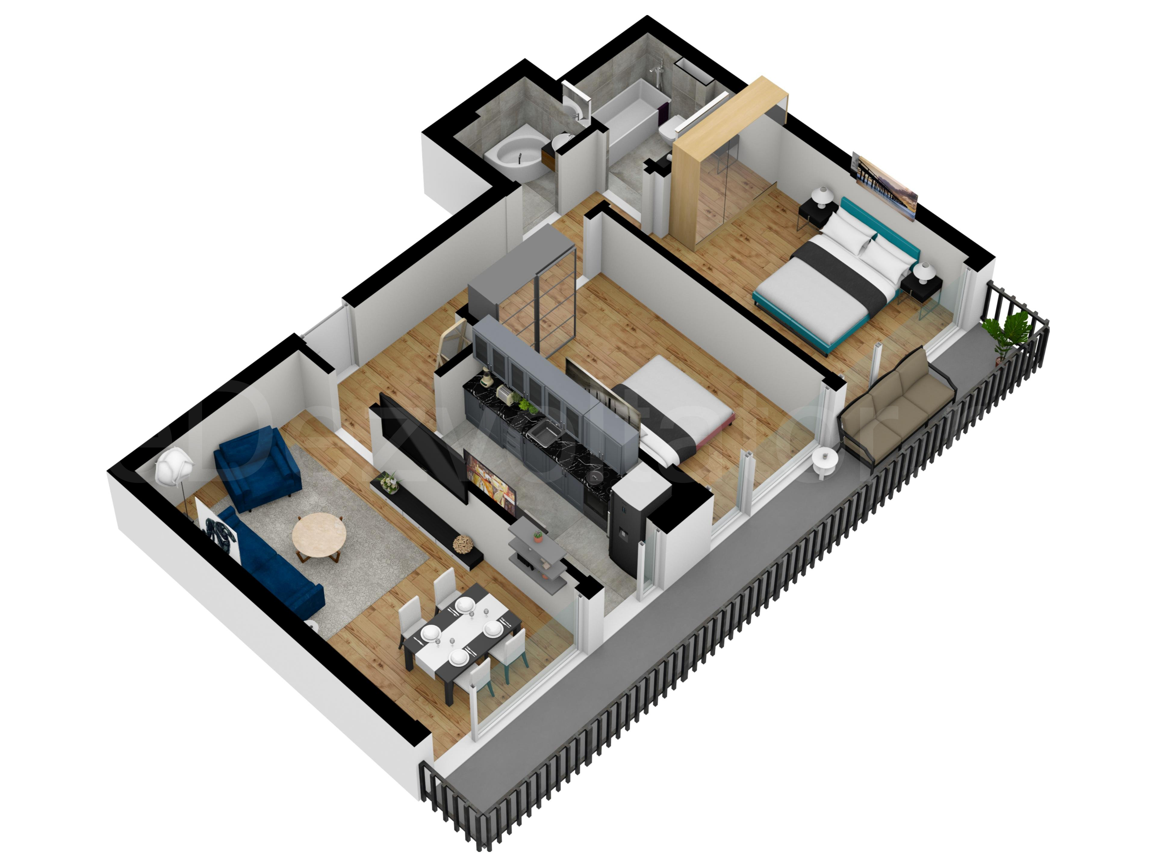 Proiecție 3D Apartament 3 Camere 88mp Atria Urban Resort