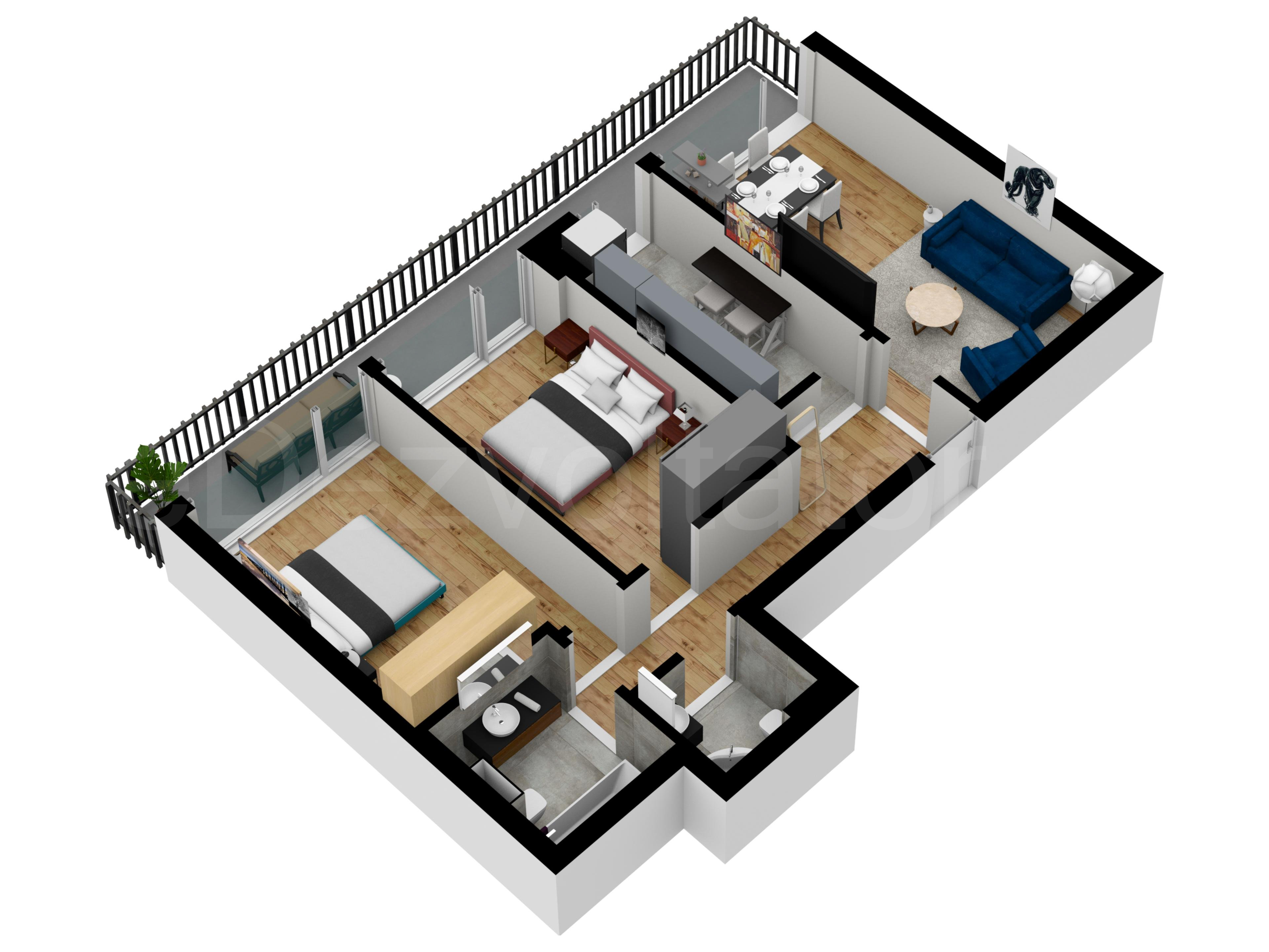 Apartament 3 Camere 88mp Atria Urban Resort Proiecție 3D 