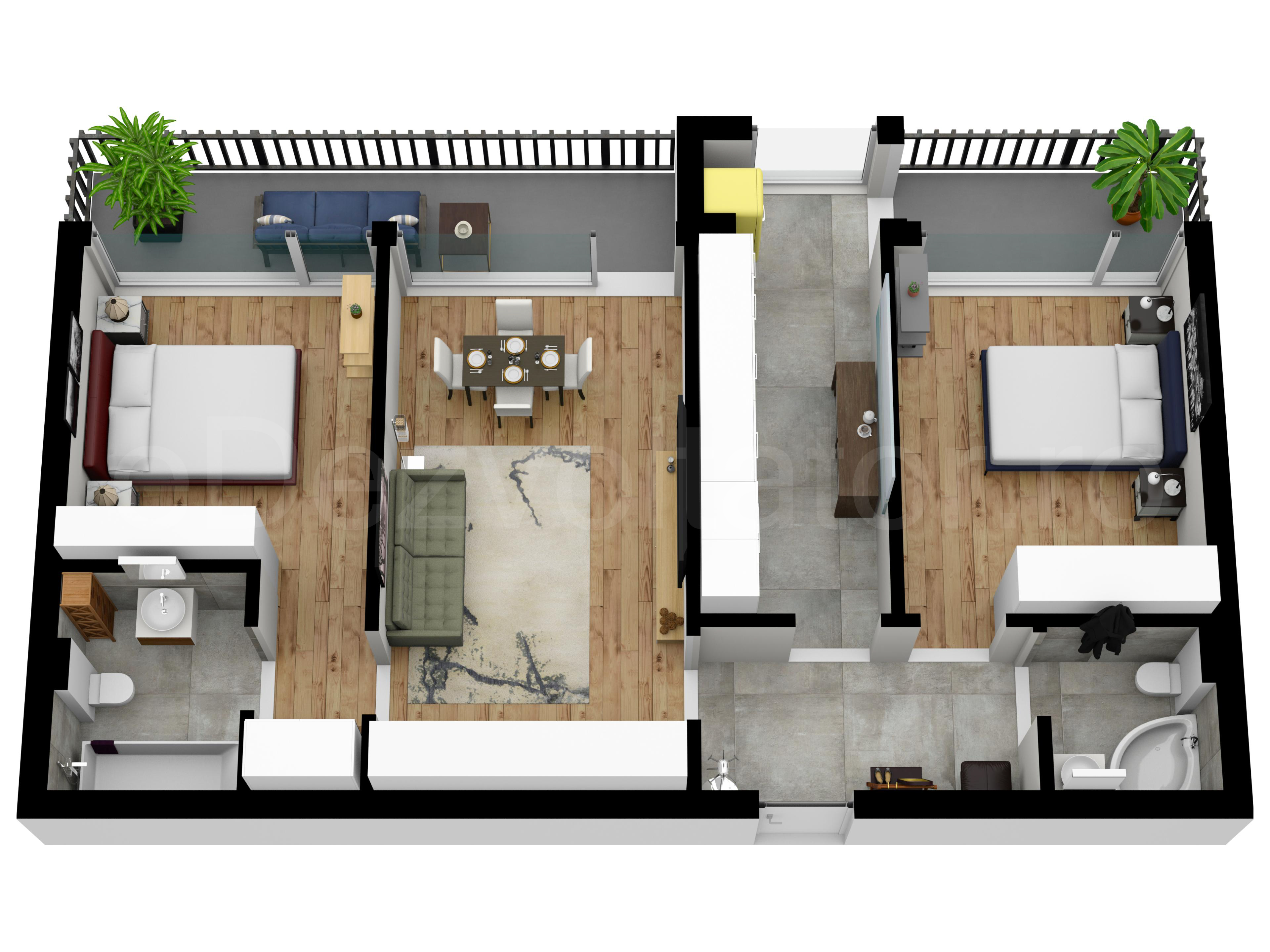 Proiecție 3D Apartament 3 camere 86 mp Atria Urban Resort