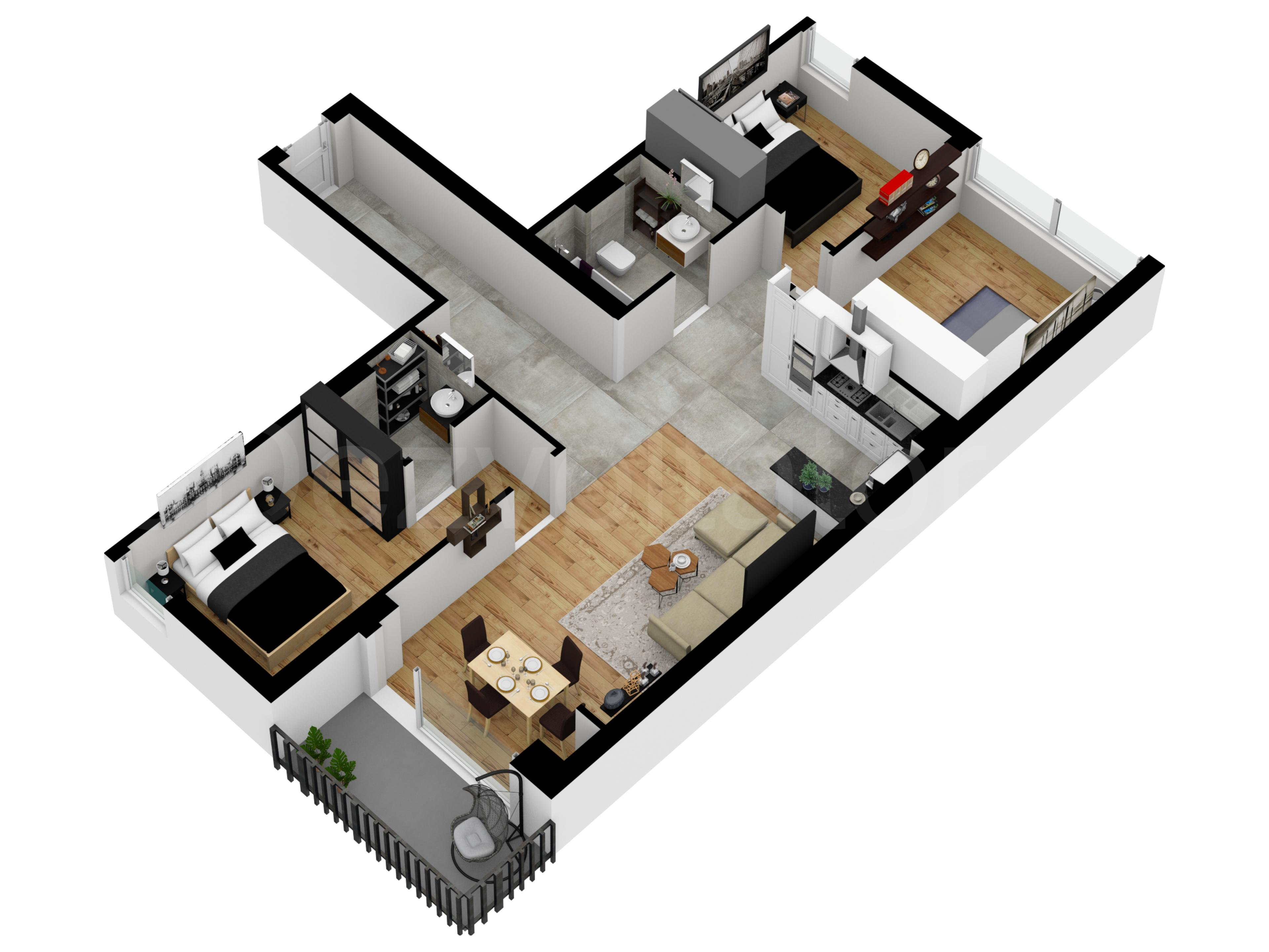 Proiecție 3D Apartament 4 camere 93 mp Atria Urban Resort