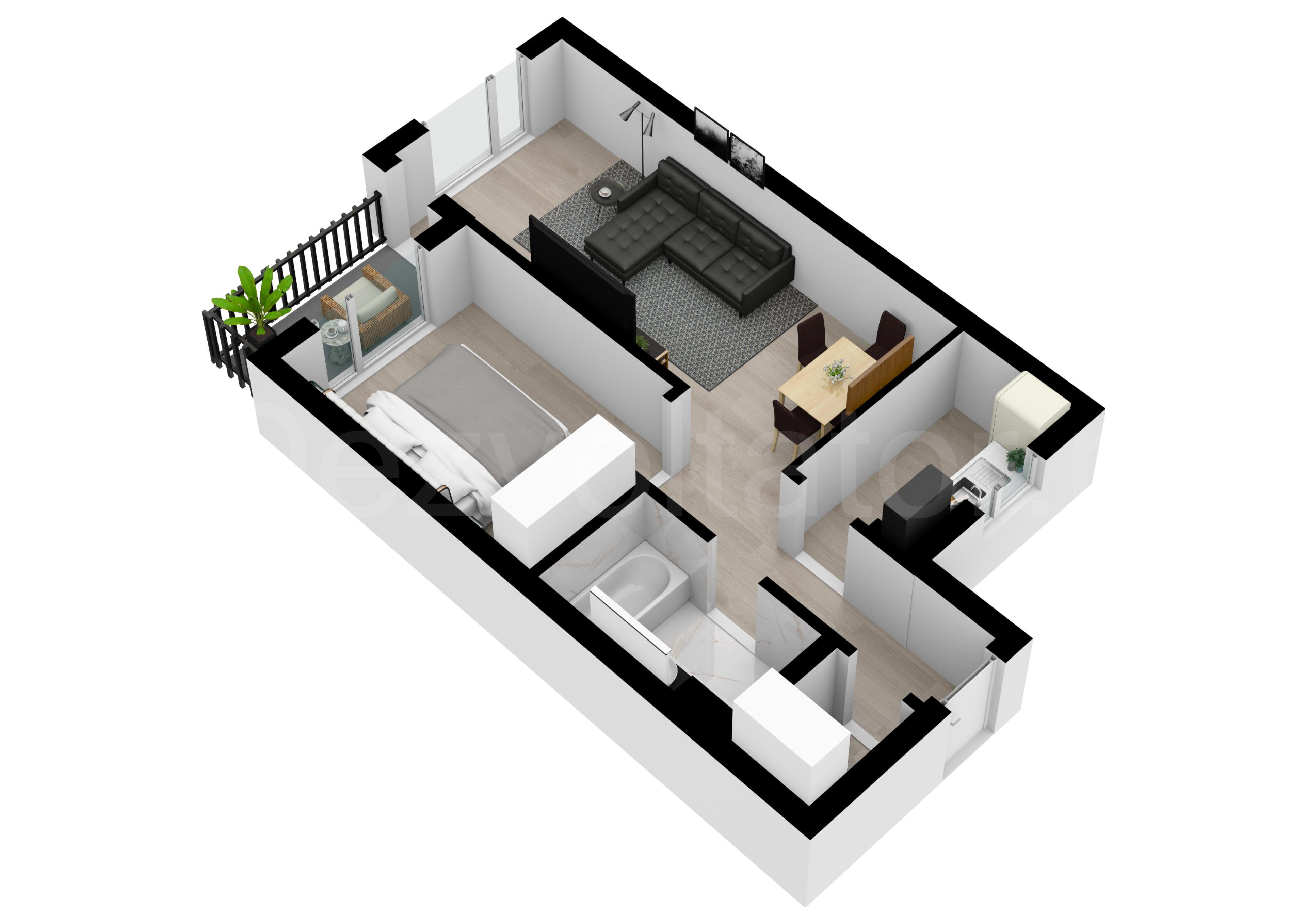 Proiecție 3D Apartament 2 camere 55 mp Via Pipera