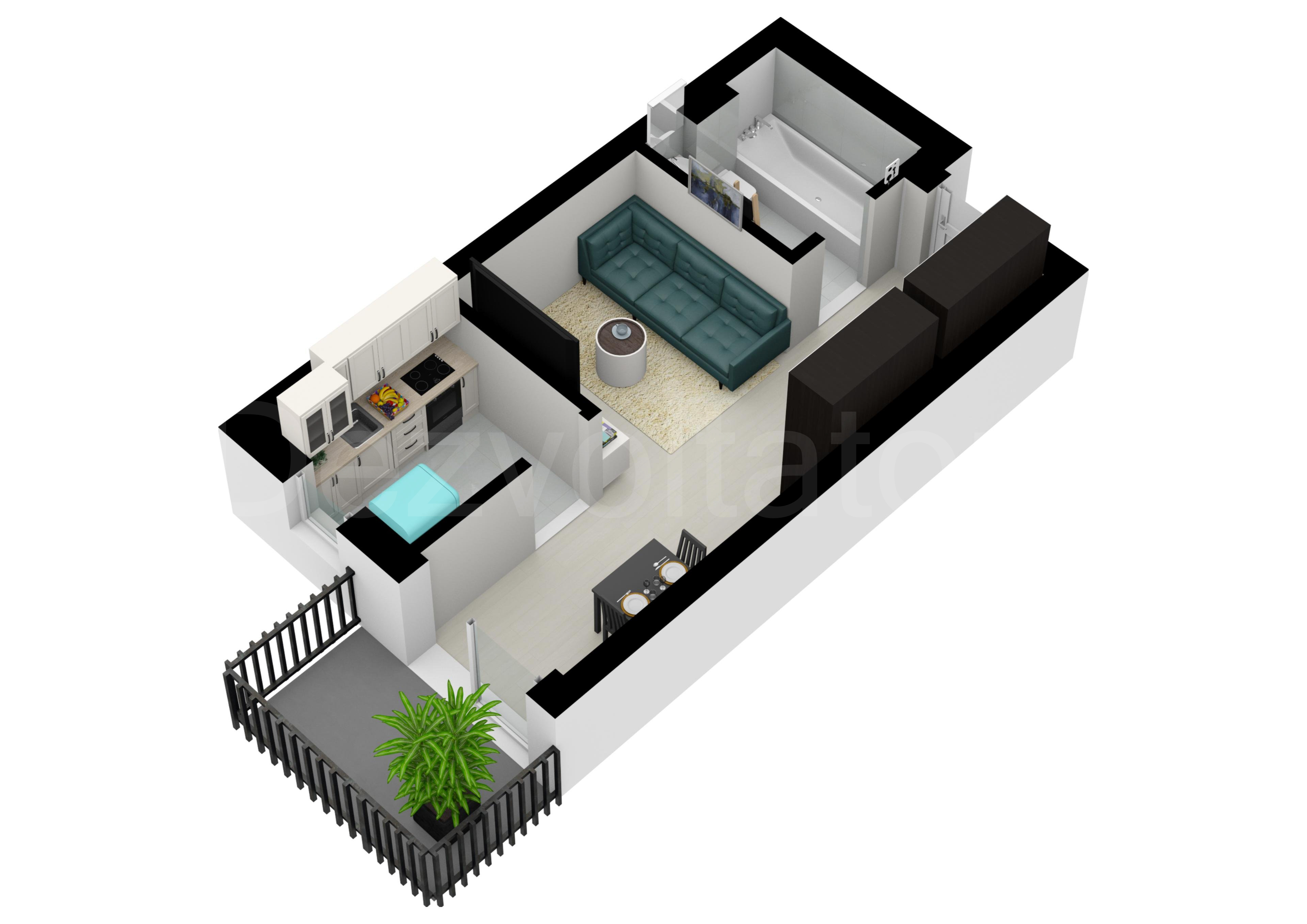 Garsonieră 36mp HILS Pallady Apartments Proiecție 3D 