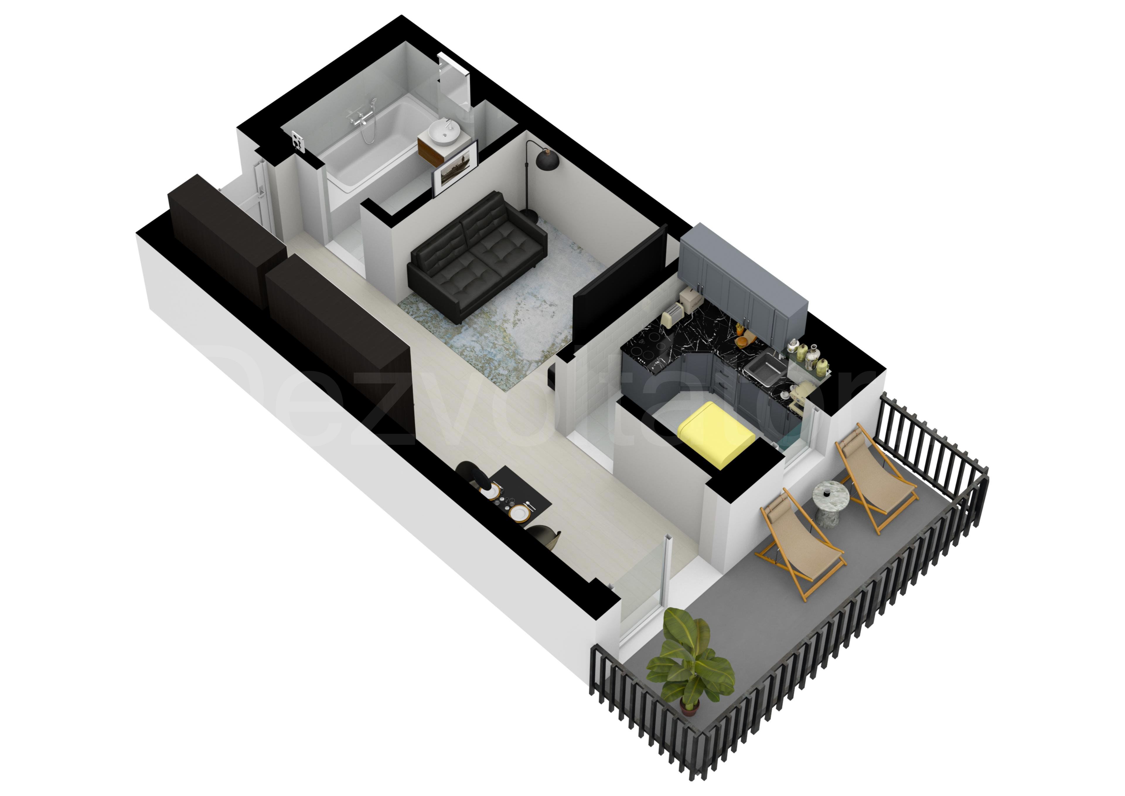 Garsonieră 39mp HILS Pallady Apartments Proiecție 3D 