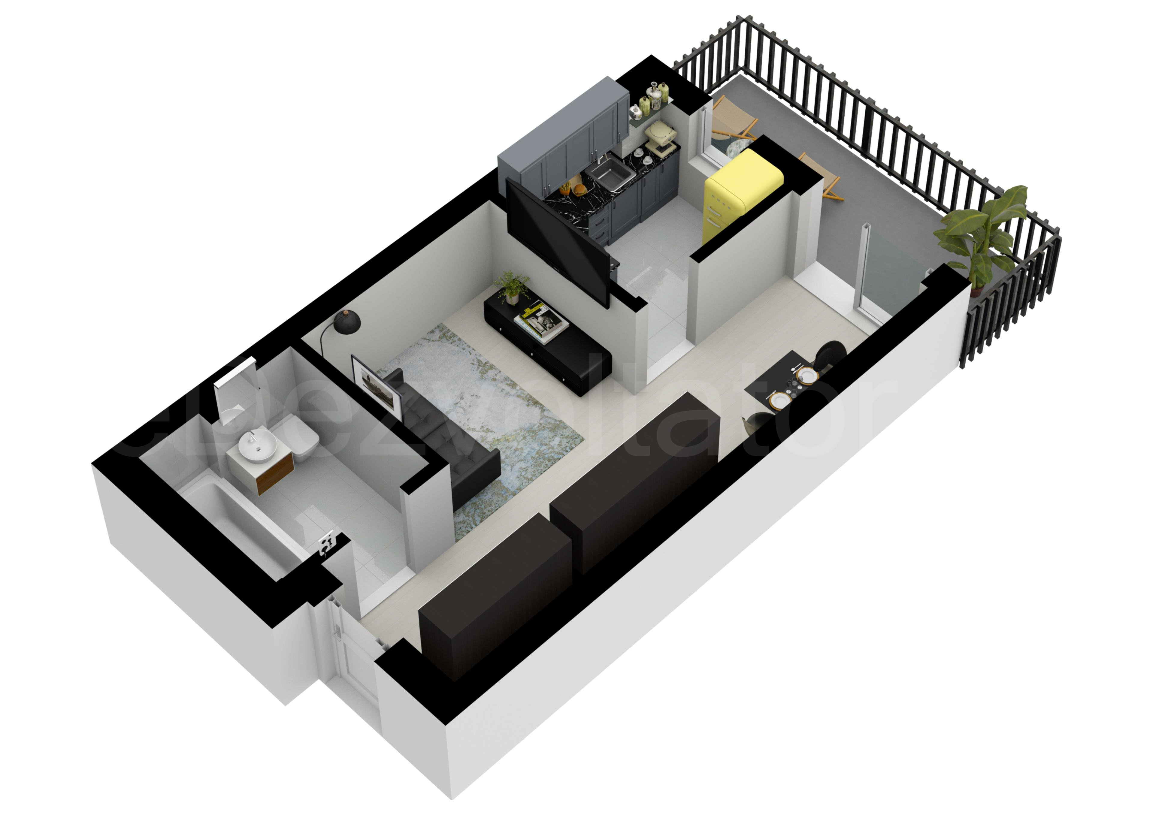Garsonieră 39mp HILS Pallady Apartments Proiecție 3D 