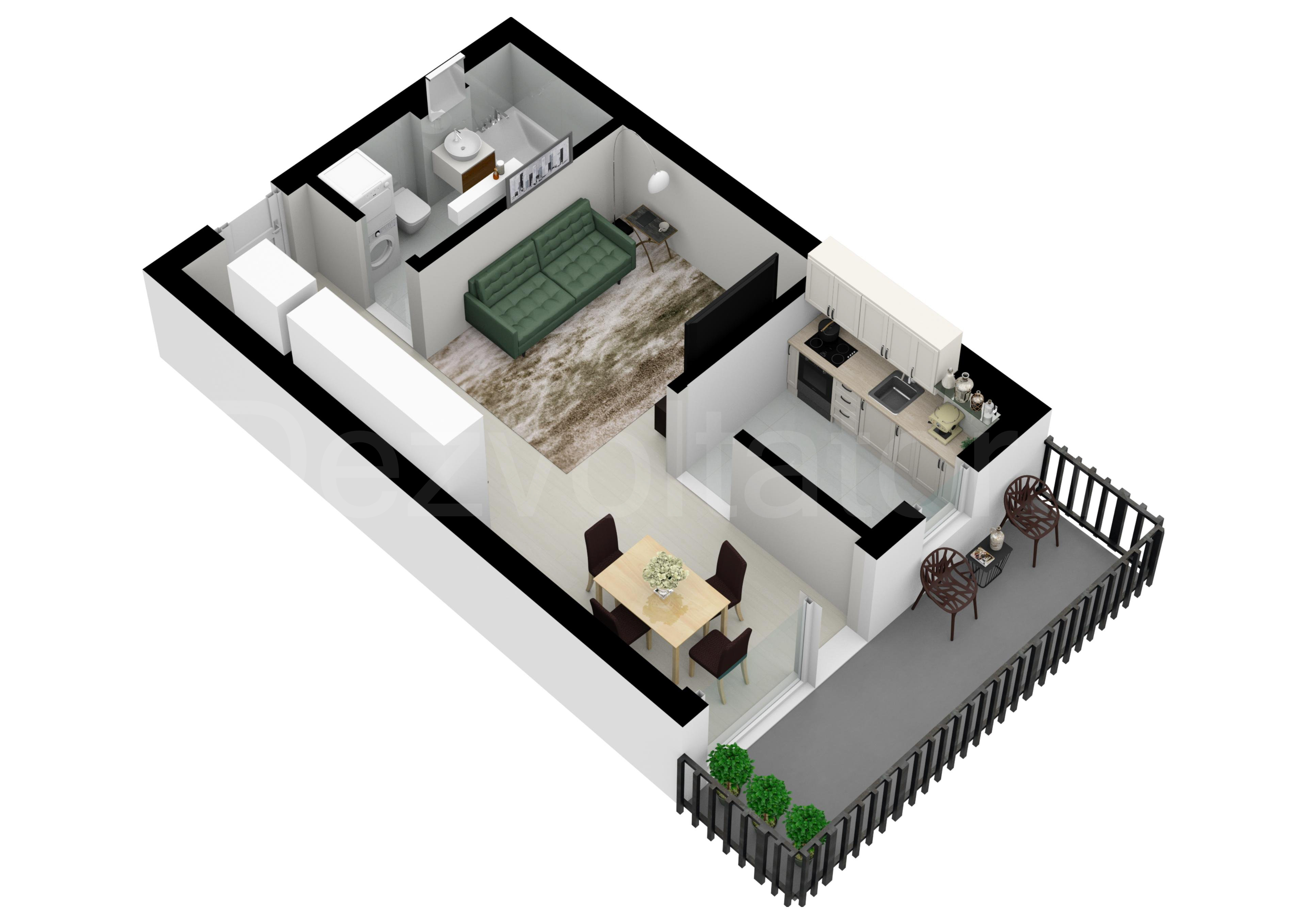 Garsonieră 44mp HILS Pallady Apartments Proiecție 3D 
