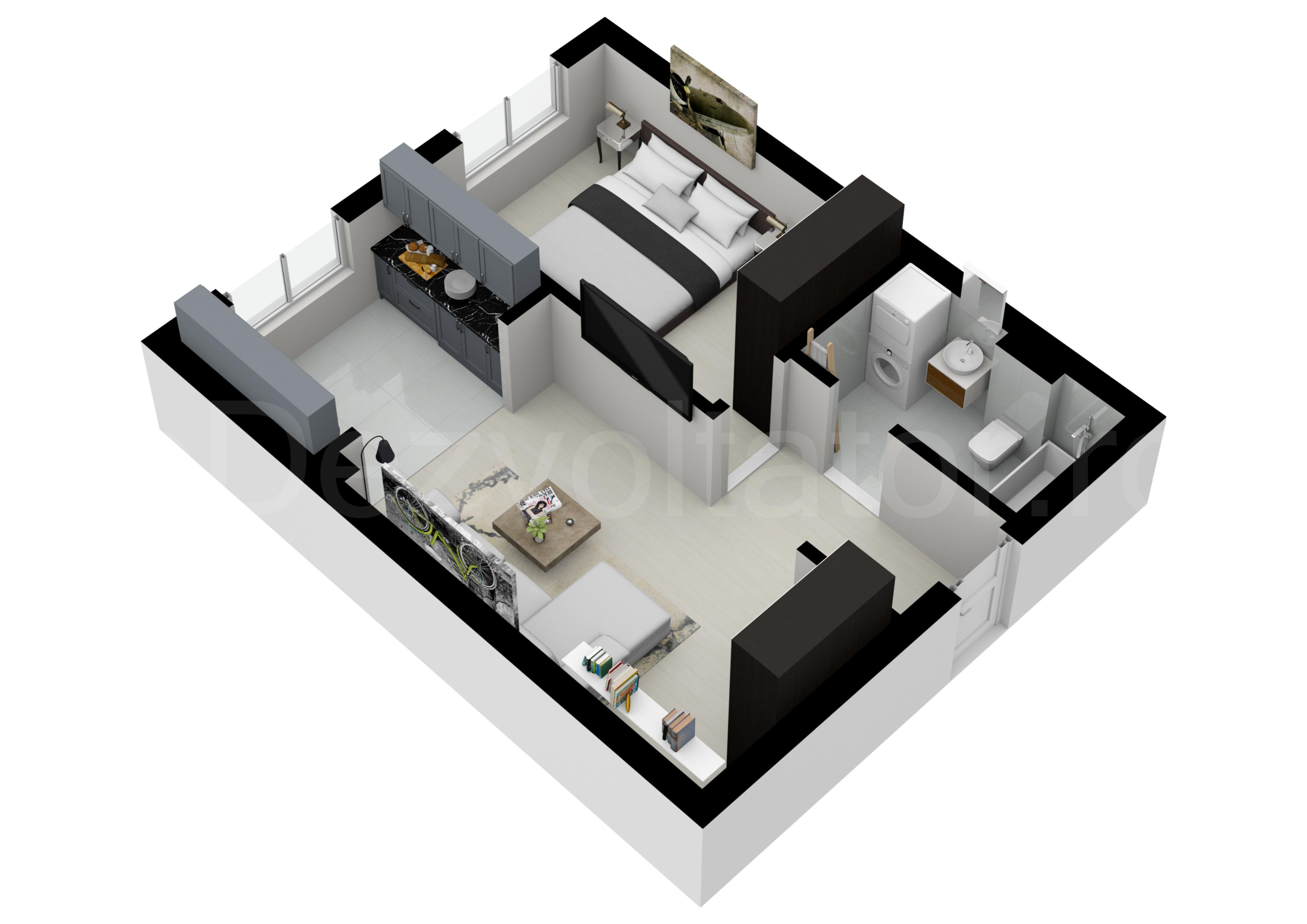 Apartament 2 Camere 45mp HILS Pallady Apartments Proiecție 3D 