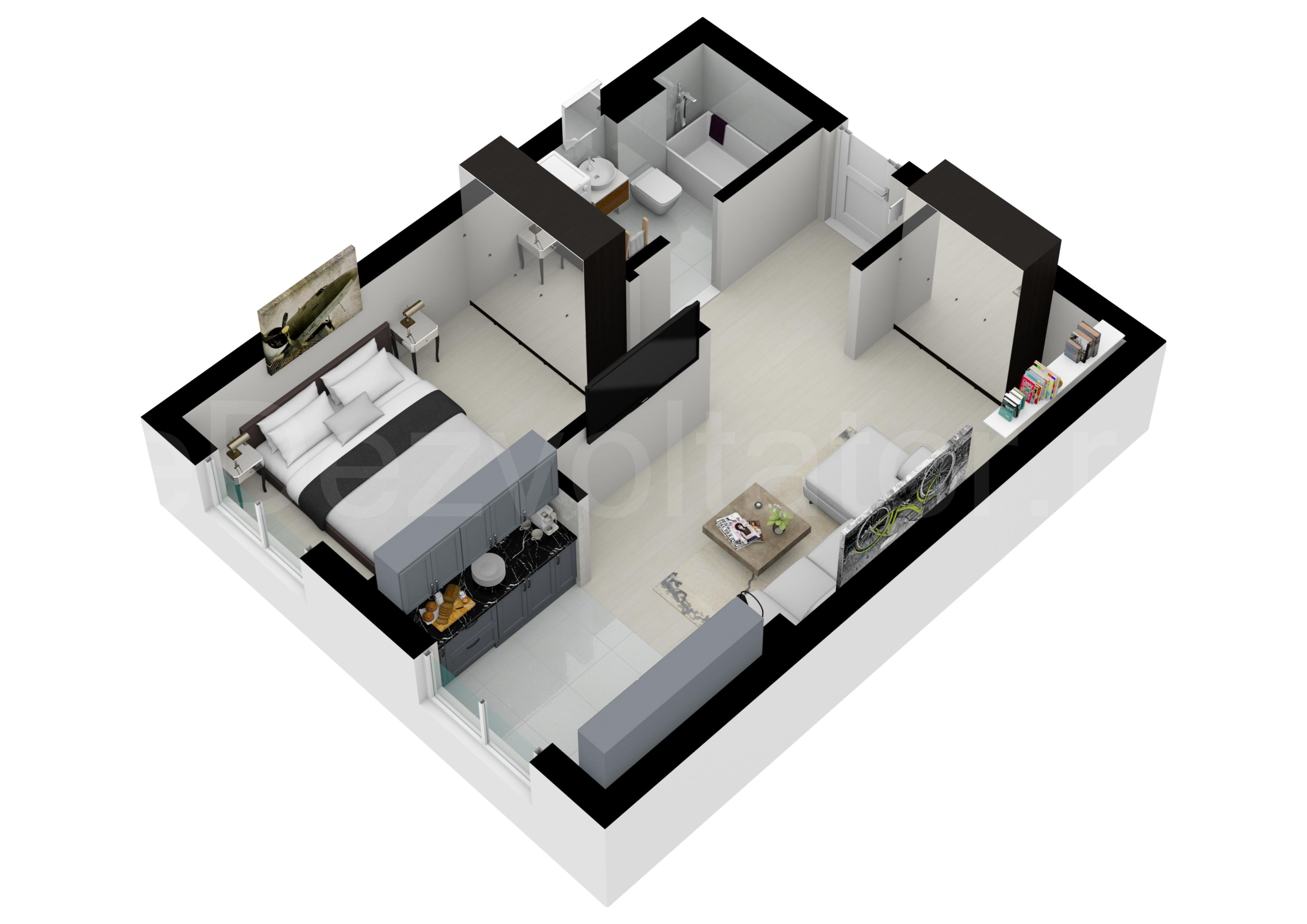 Apartament 2 Camere 45mp HILS Pallady Apartments Proiecție 3D 