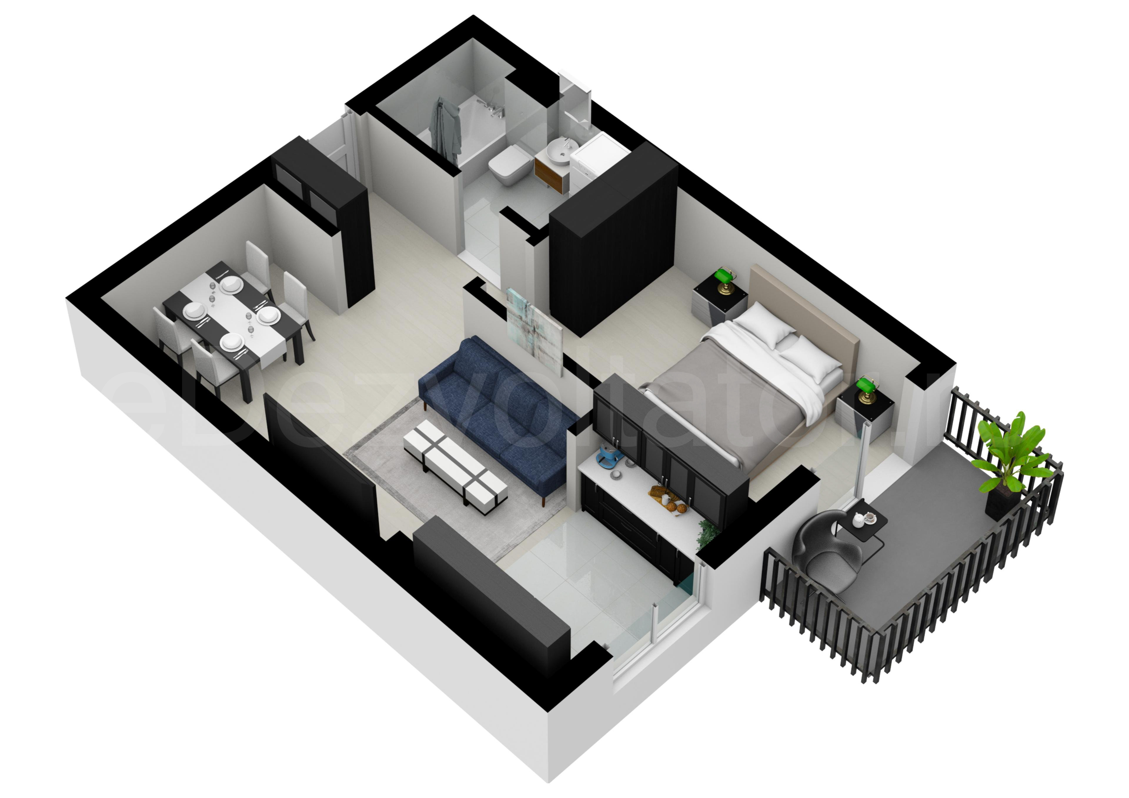 Apartament 2 Camere 50mp HILS Pallady Apartments Proiecție 3D 