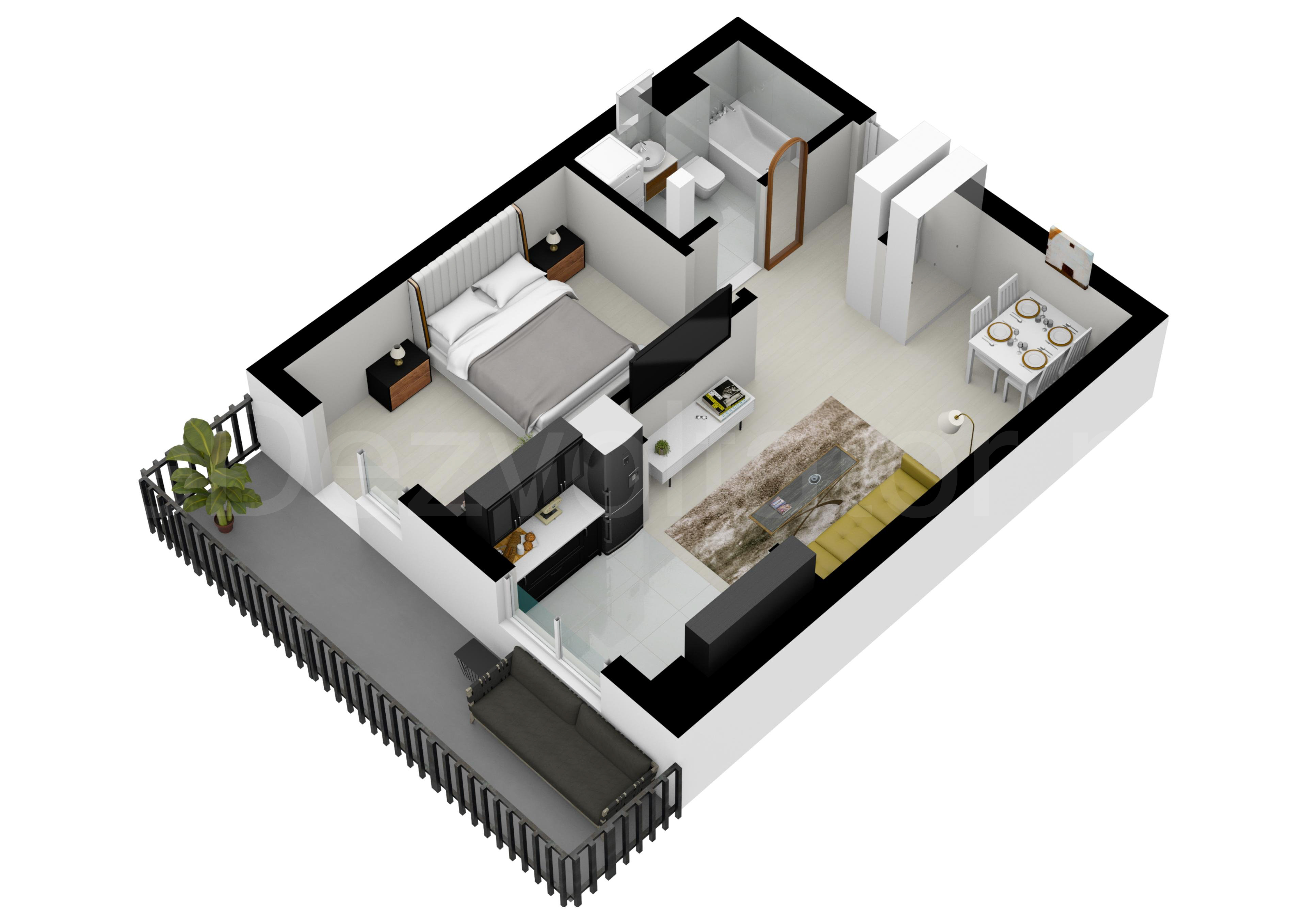 Apartament 2 Camere 55mp HILS Pallady Apartments Proiecție 3D 