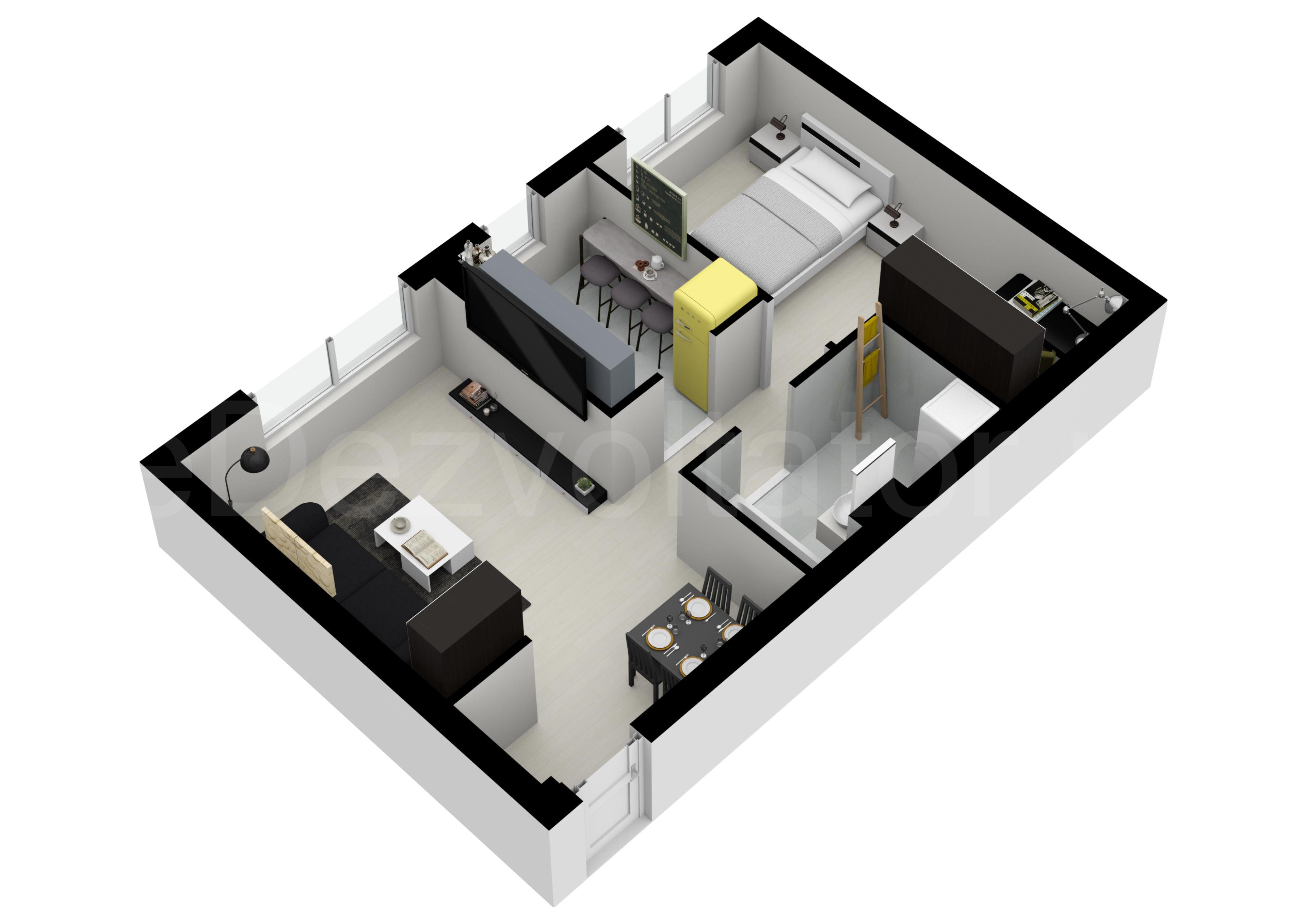 Apartament 2 Camere 46mp HILS Pallady Apartments Proiecție 3D 