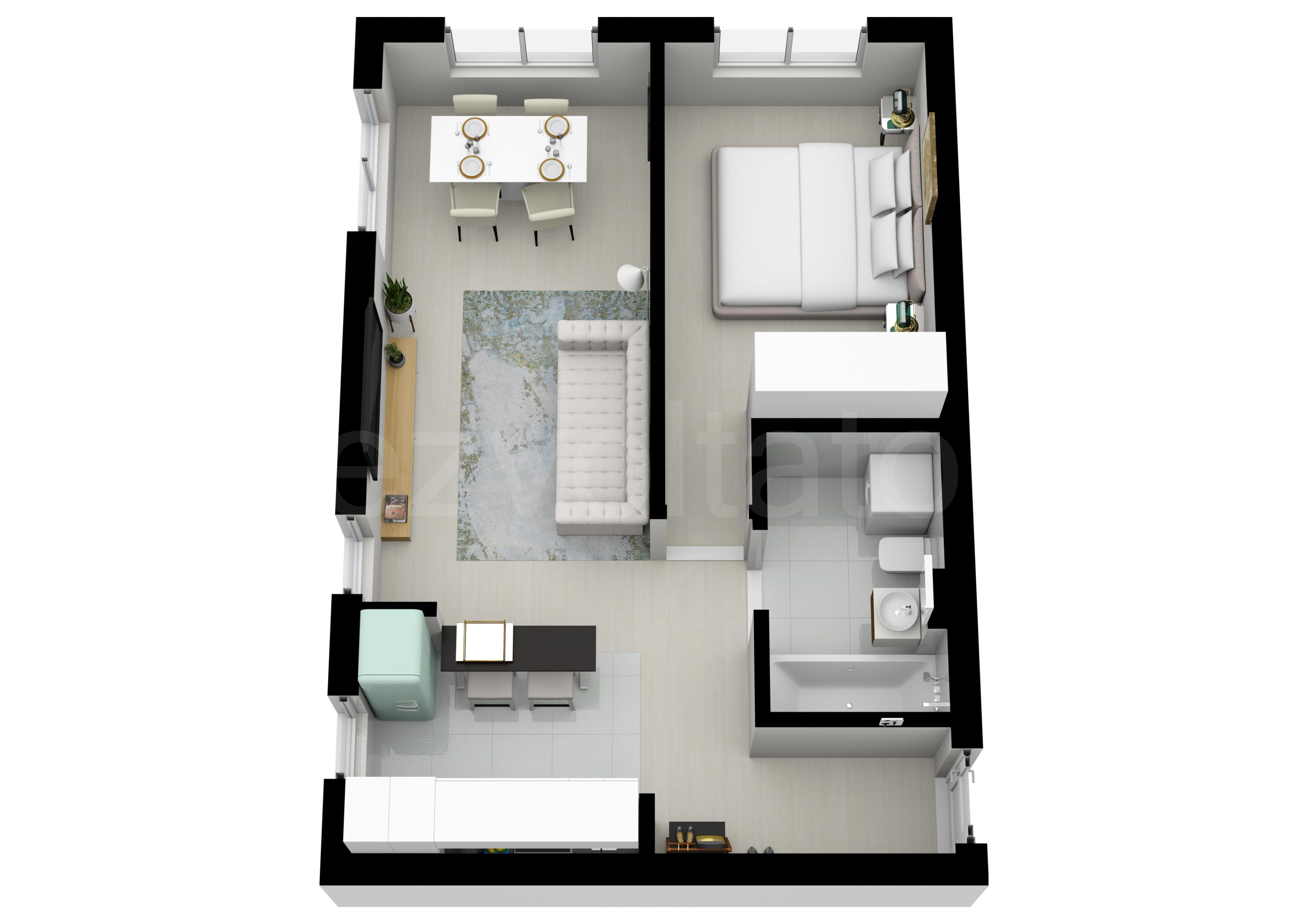 Proiecție 3D Apartament 2 camere 46 mp HILS Pallady Apartments