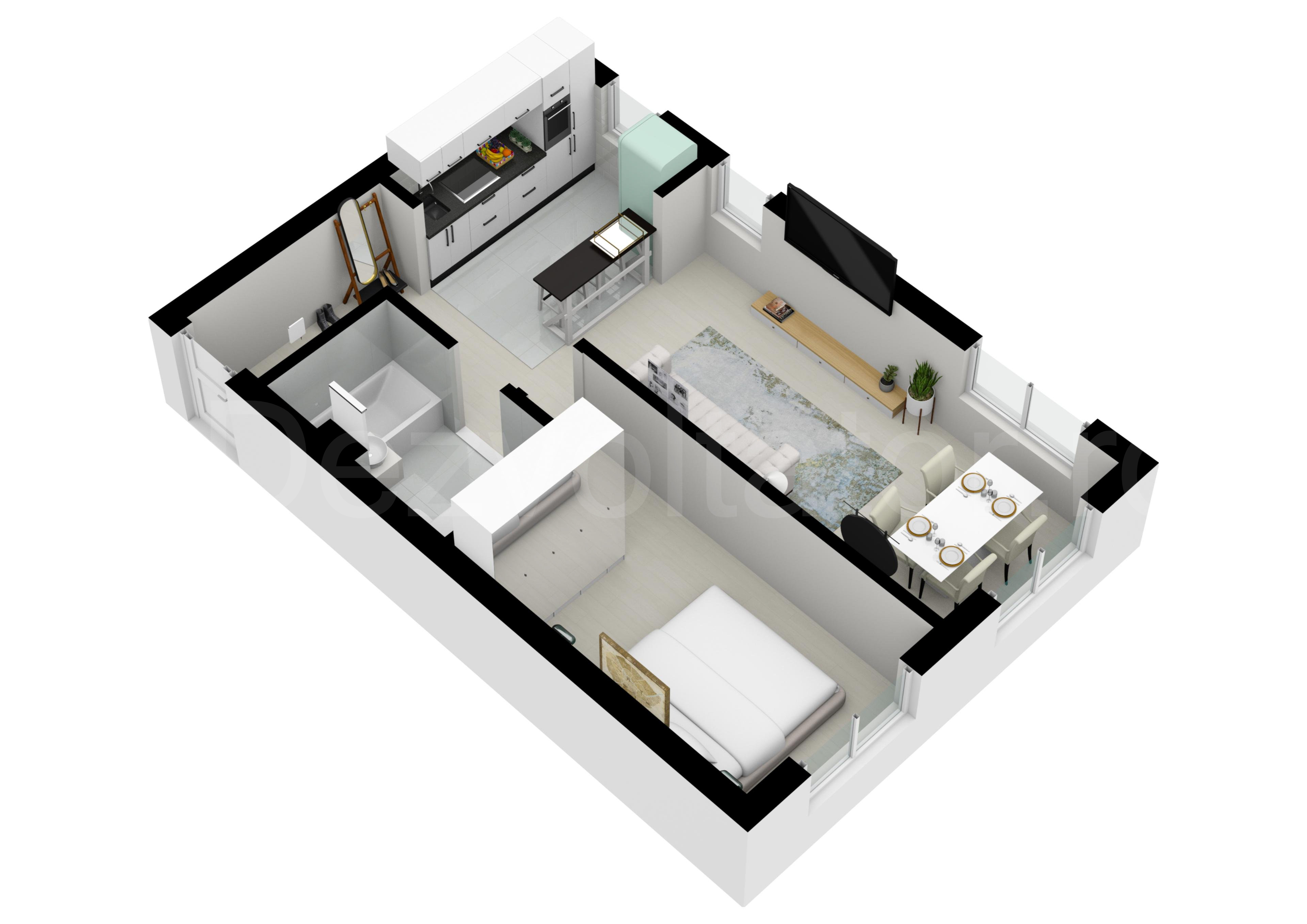 Proiecție 3D Apartament 2 camere 46 mp HILS Pallady Apartments