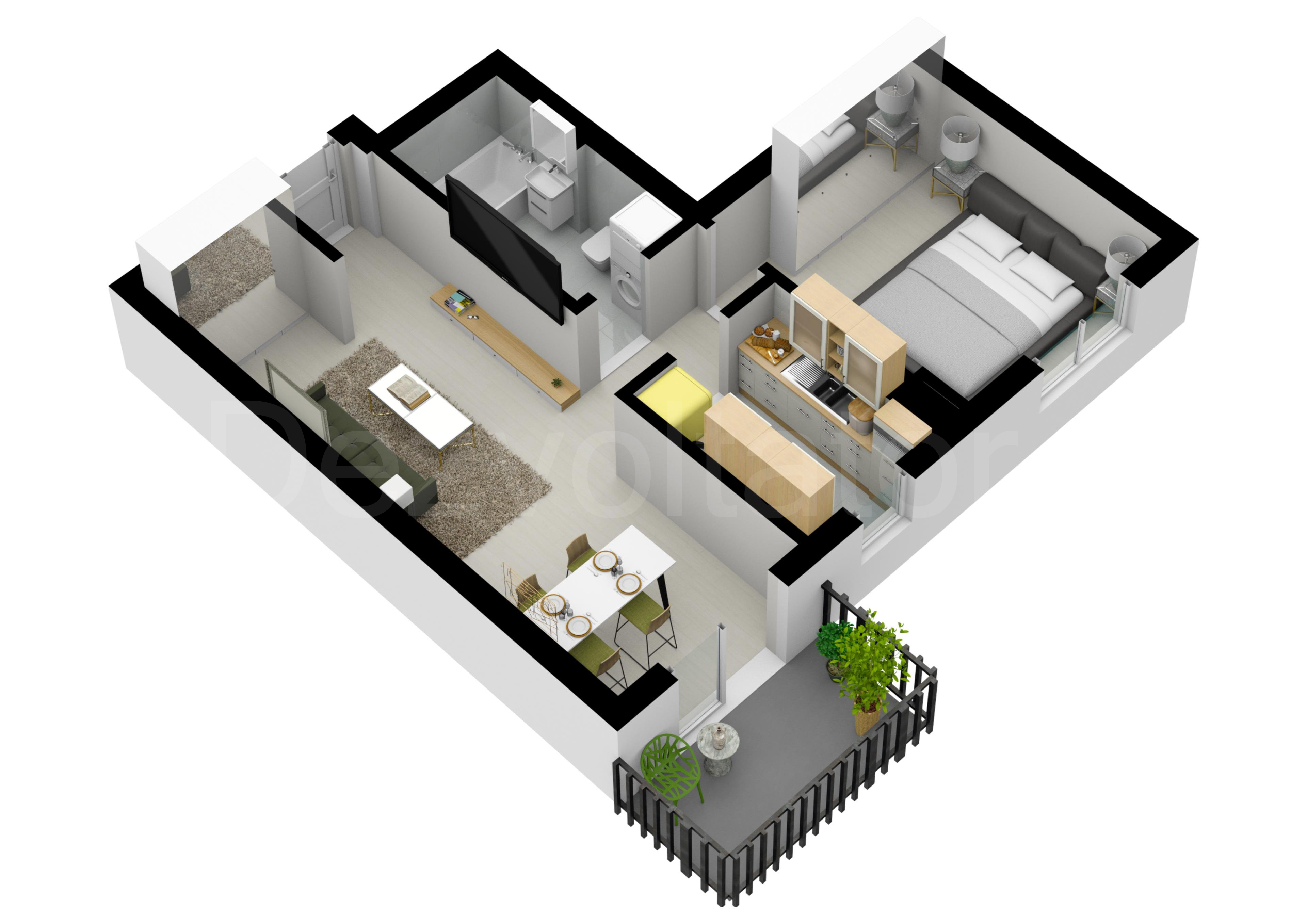Apartament 2 Camere 52mp HILS Pallady Apartments Proiecție 3D 