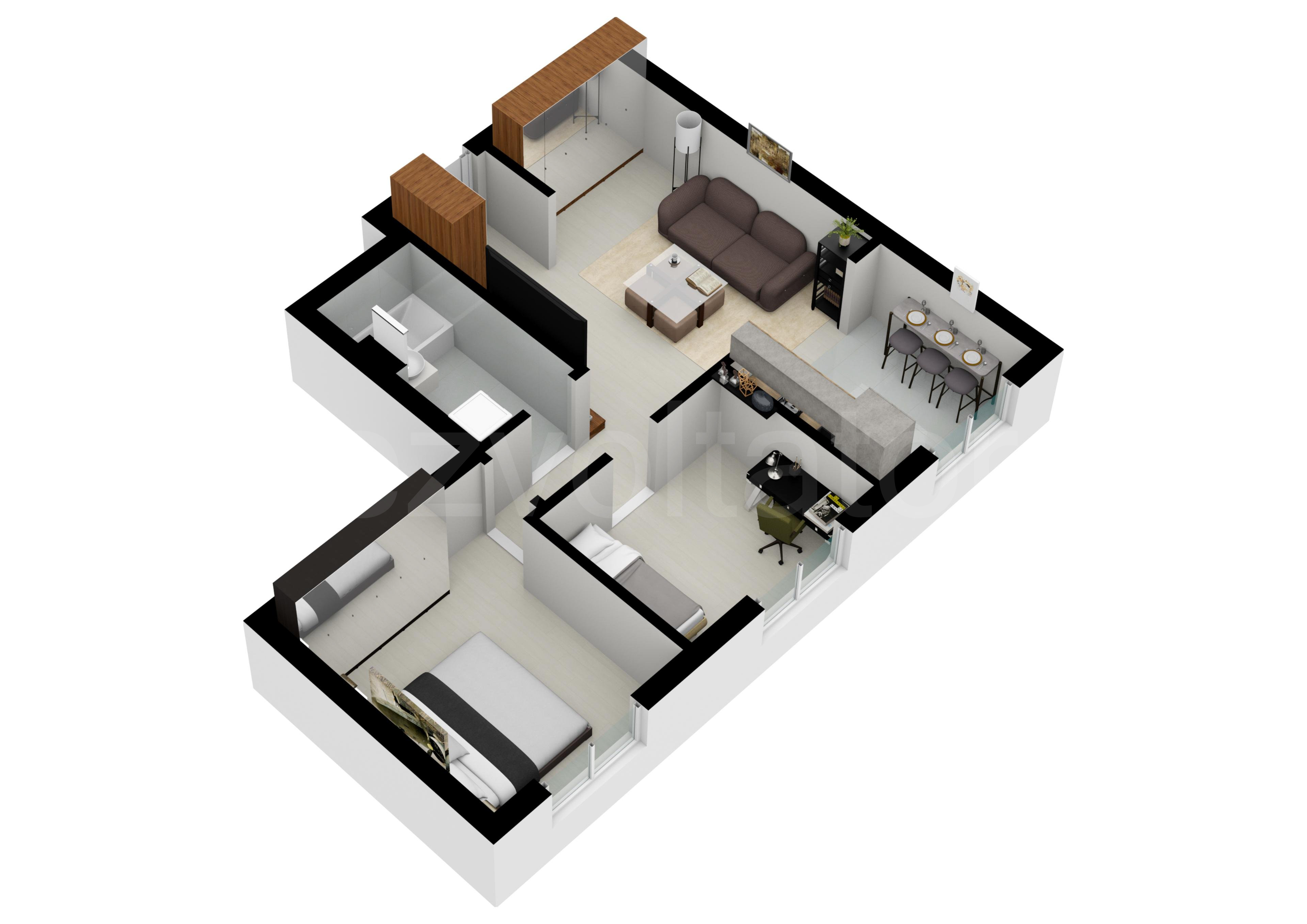 Proiecție 3D Apartament 3 camere 57 mp HILS Pallady Apartments