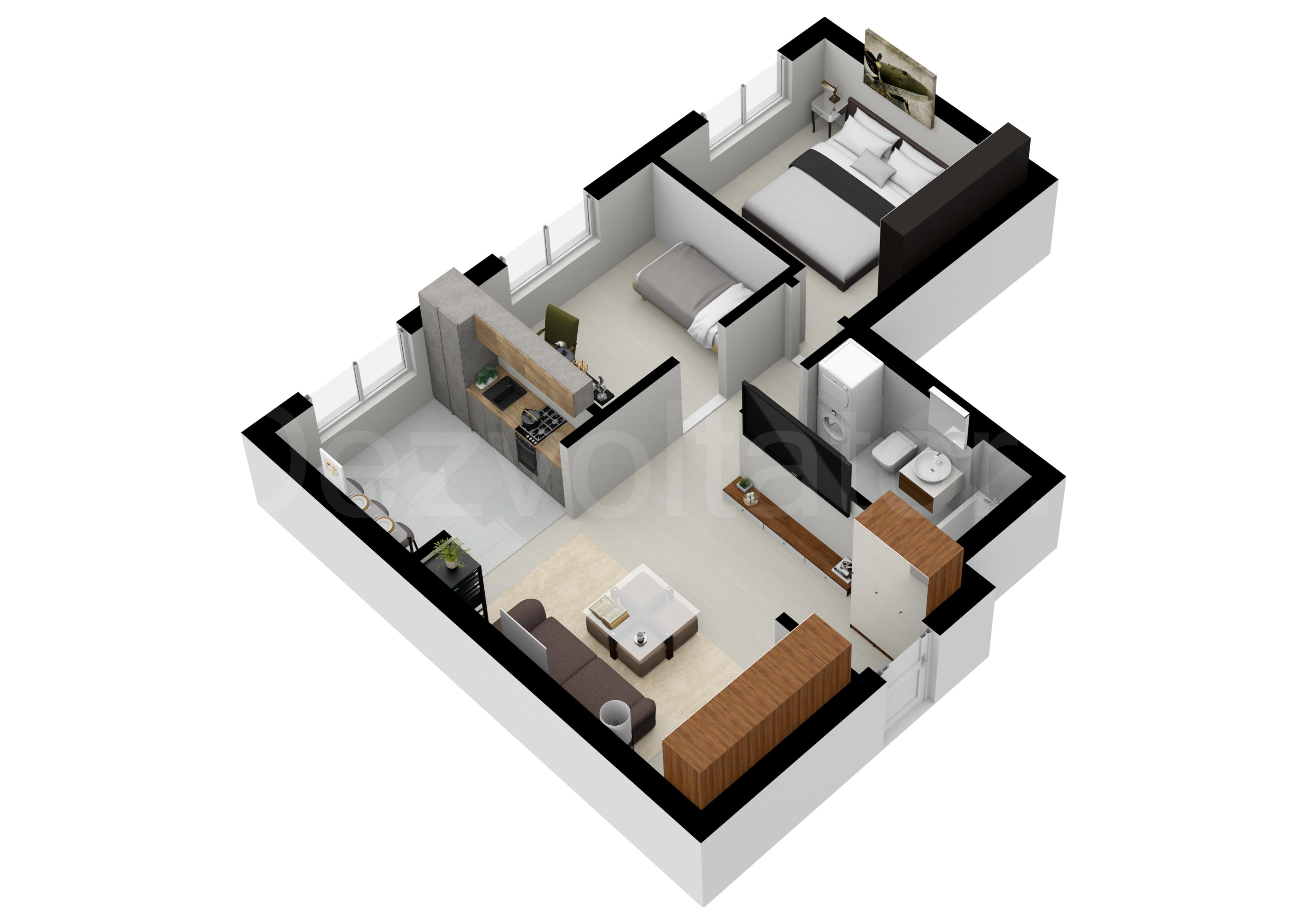 Apartament 3 Camere 57mp HILS Pallady Apartments Proiecție 3D 