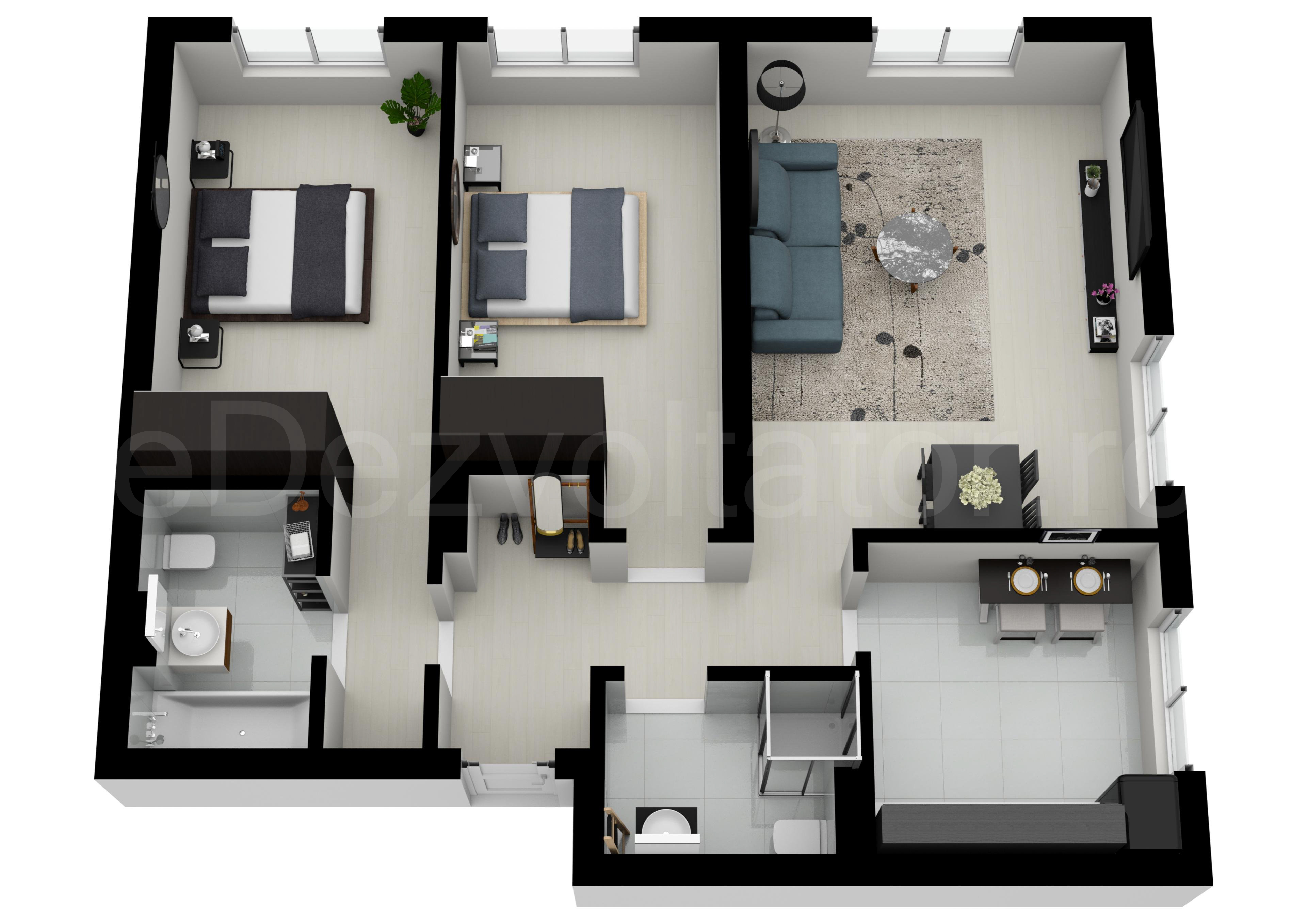 Proiecție 3D Apartament 3 camere 75 mp HILS Pallady Apartments