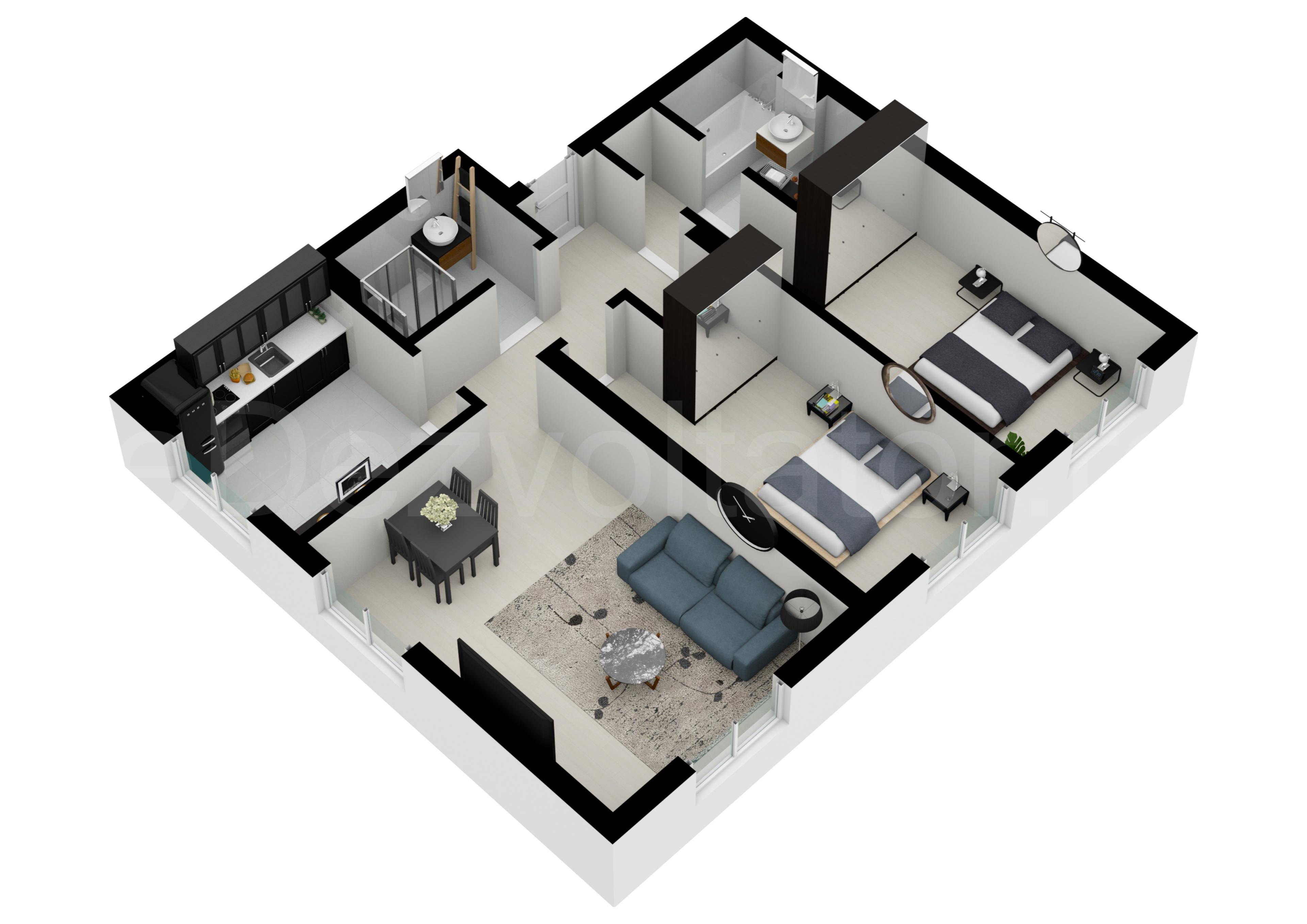 Proiecție 3D Apartament 3 Camere 75mp HILS Pallady Apartments