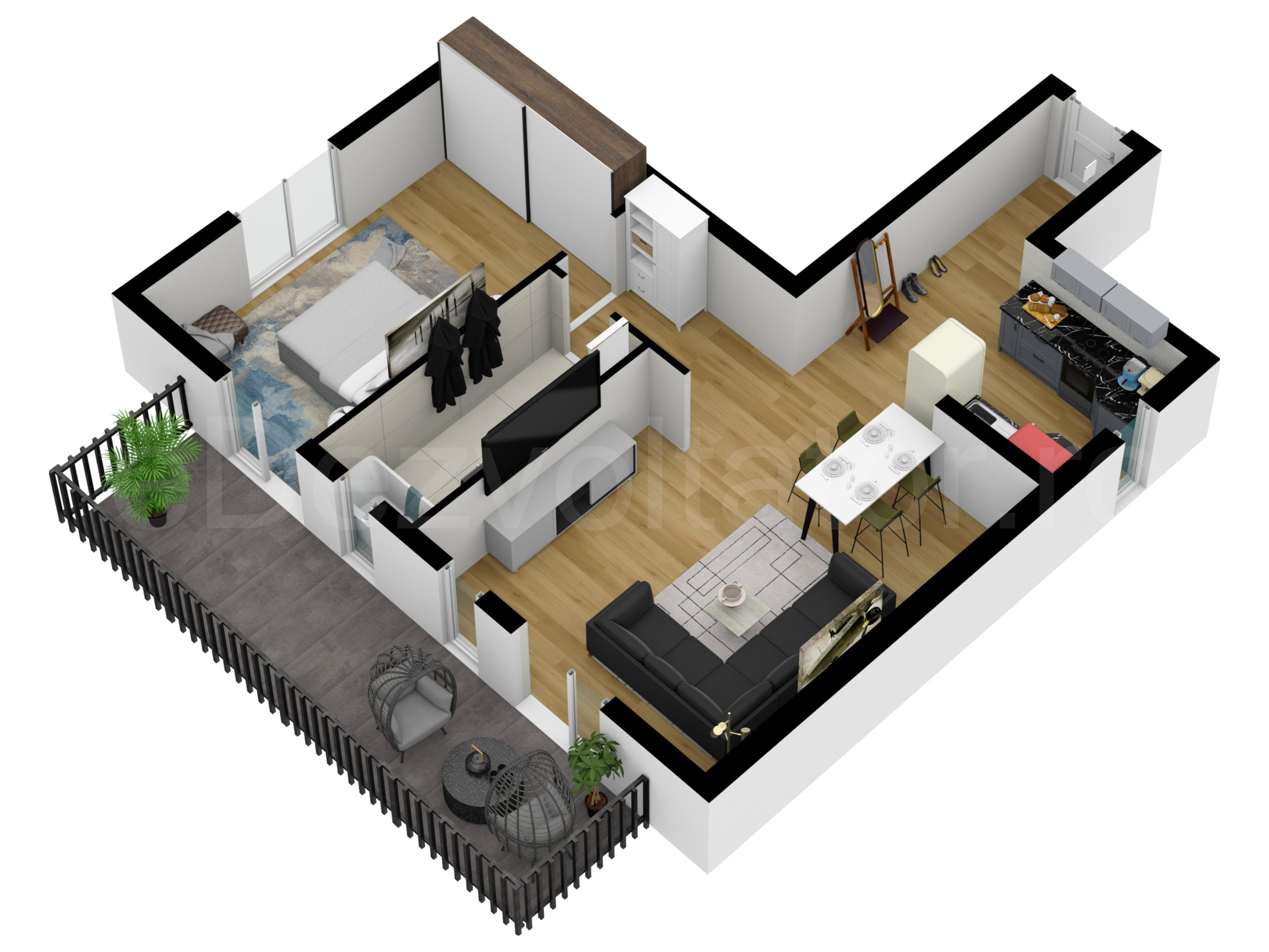 Proiecție 3D Apartament 2 camere 77 mp Chopin 15A
