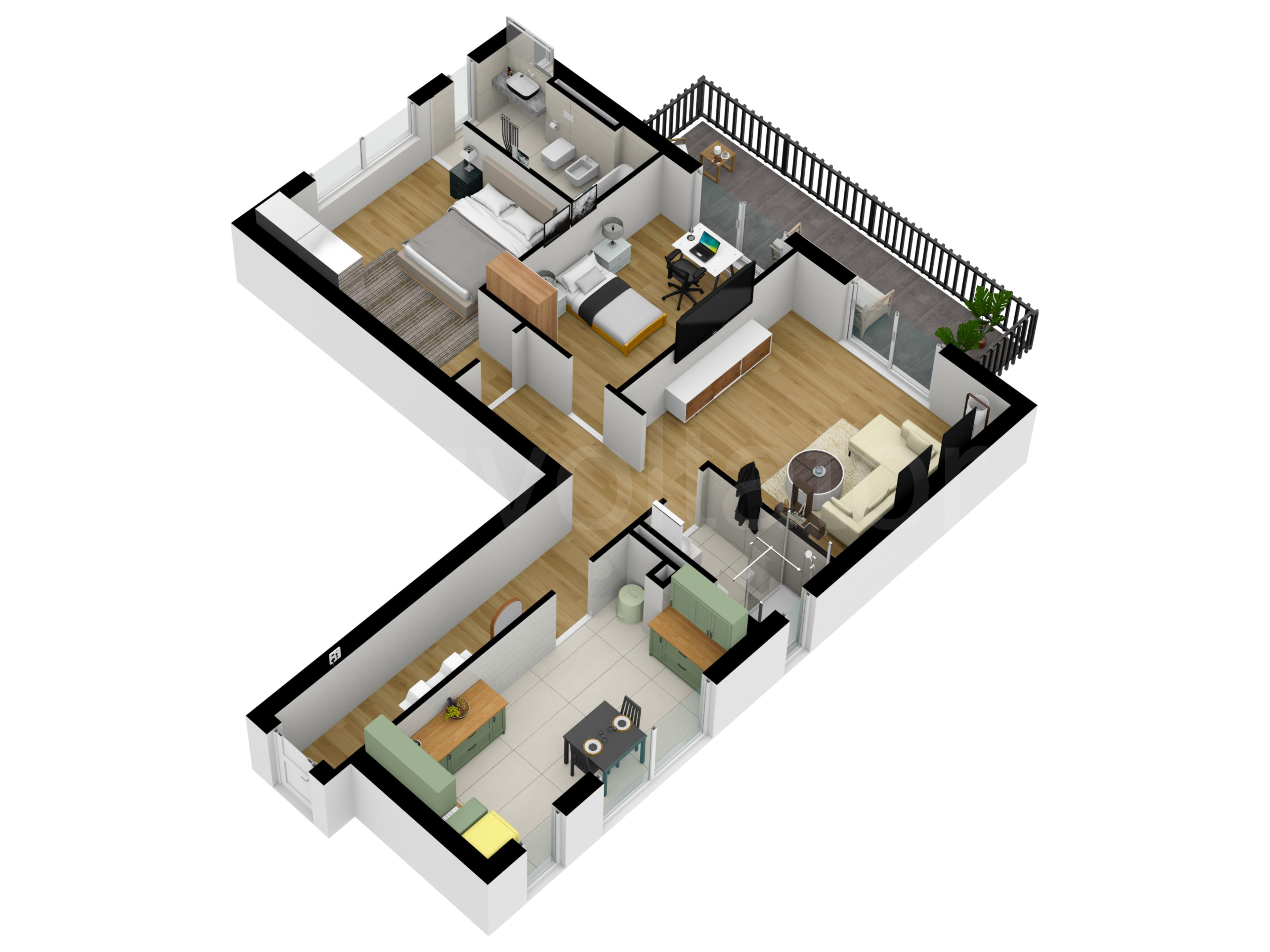 Proiecție 3D Apartament 3 camere 100 mp Chopin 15A