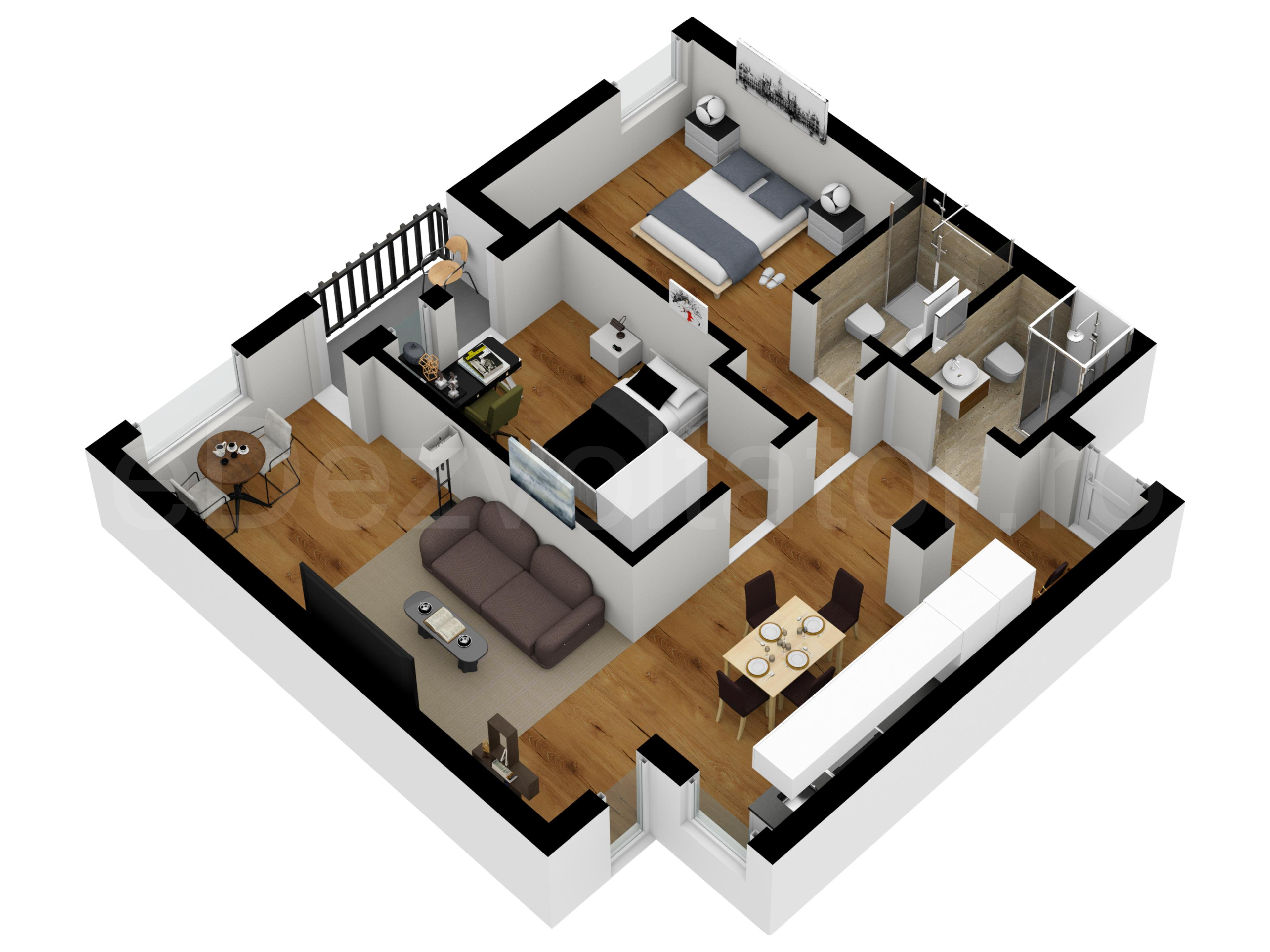 Proiecție 3D Apartament 3 camere 75 mp Oituz 71