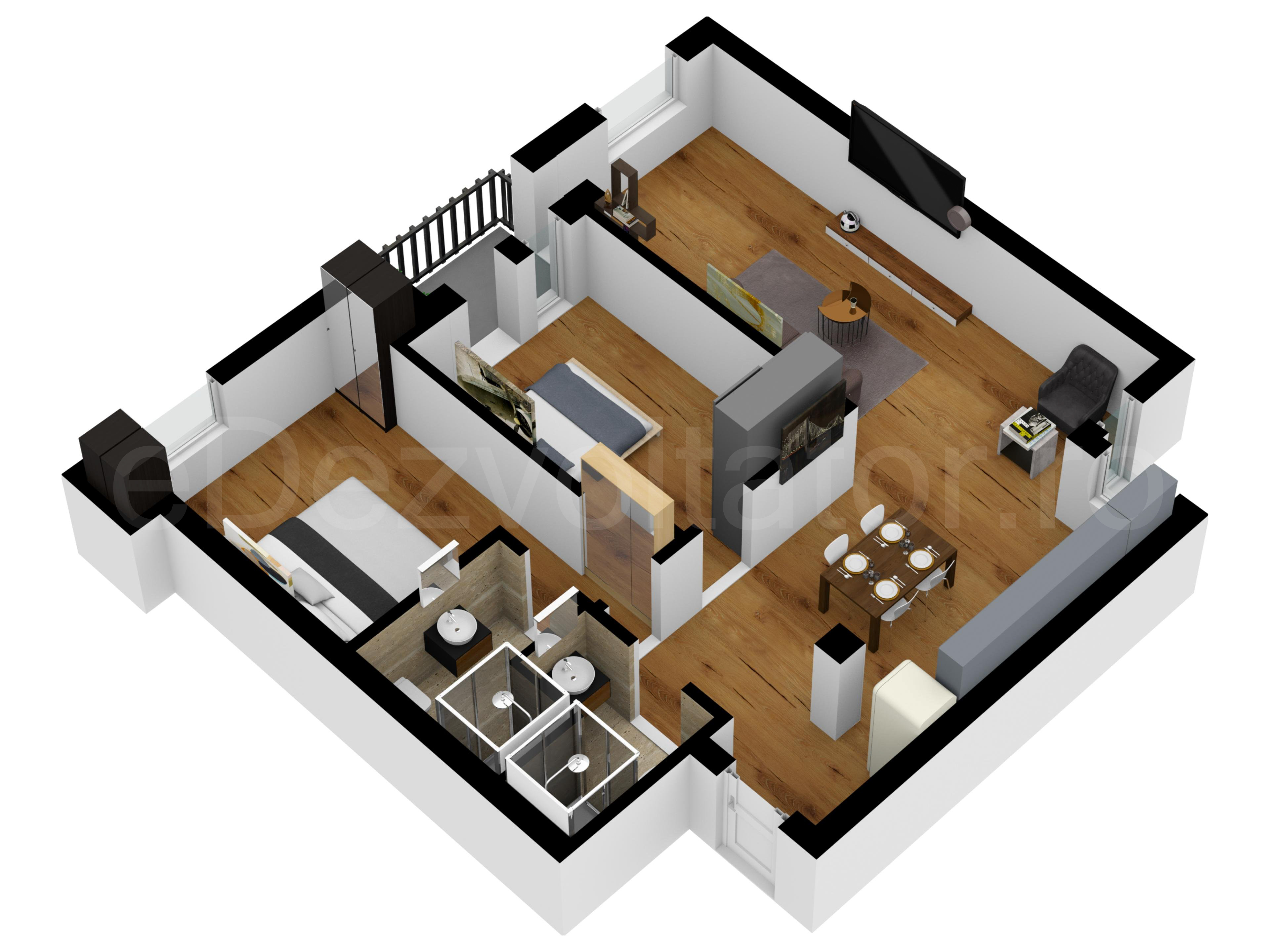 Proiecție 3D Apartament 3 camere 75 mp Oituz 71