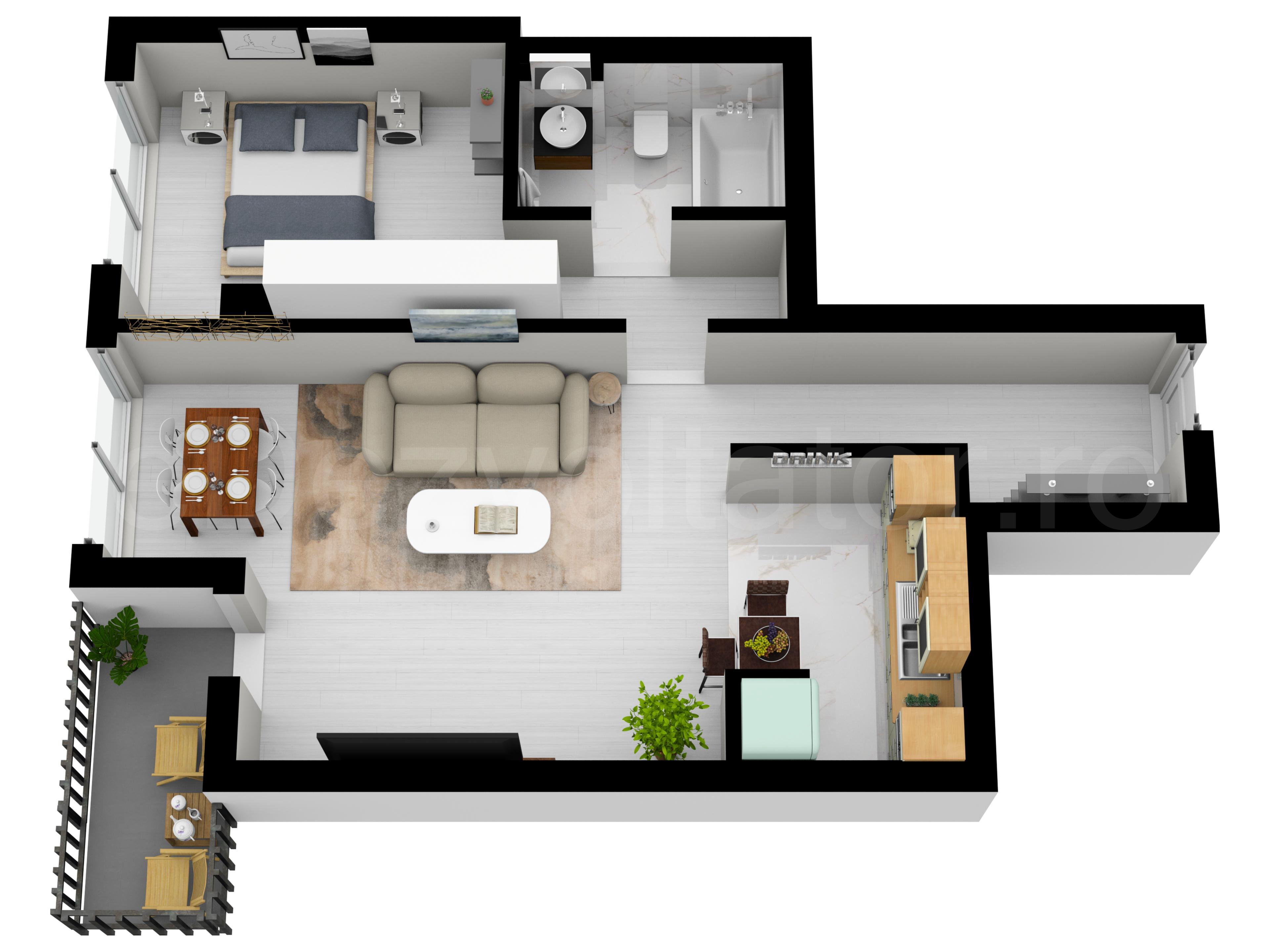 Proiecție 3D Apartament 2 camere 58 mp City Moor