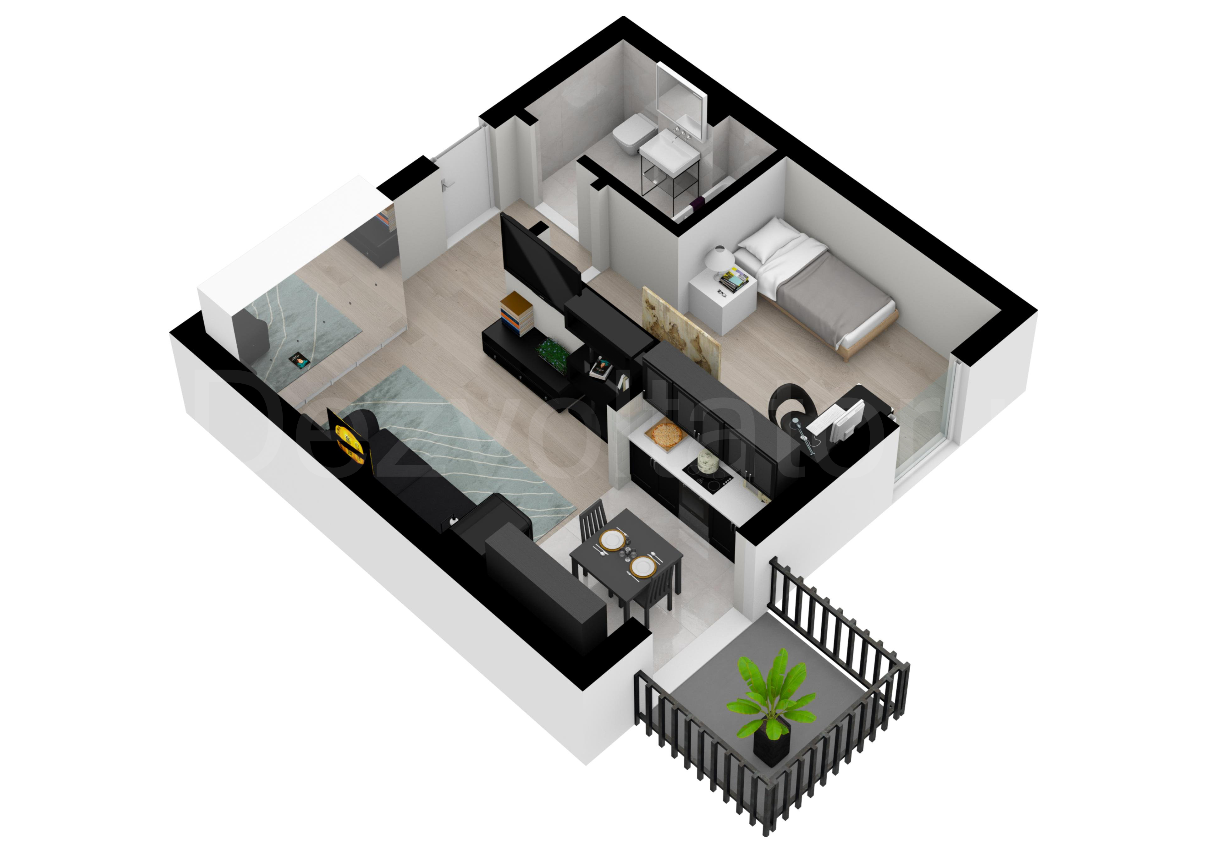 Proiecție 3D Apartament 2 camere 43 mp Sun Royal View