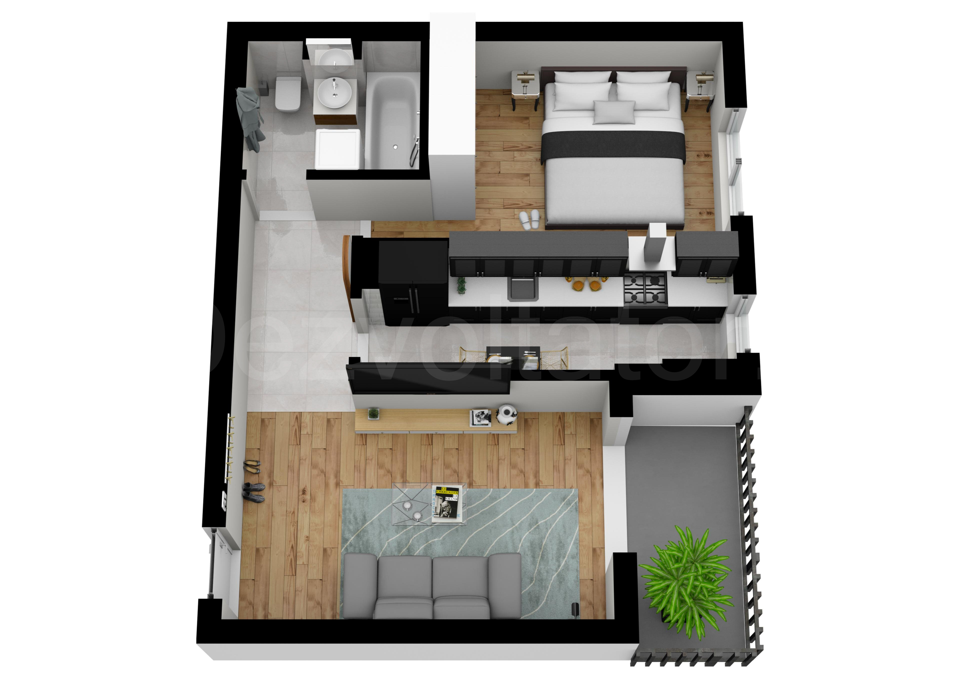 Proiecție 3D Apartament 2 camere 49 mp Sun Tower