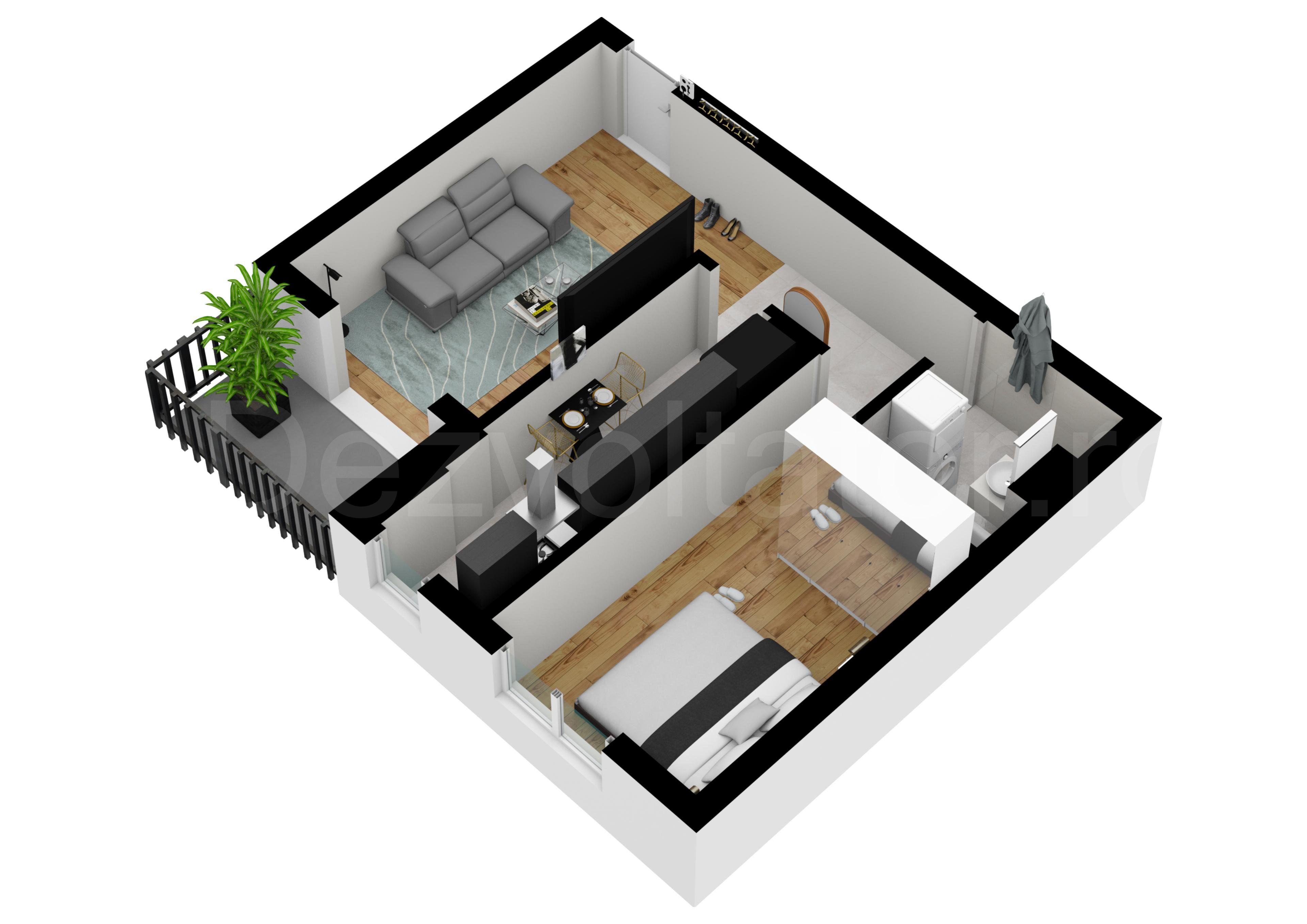 Proiecție 3D Apartament 2 camere 49 mp Sun Tower