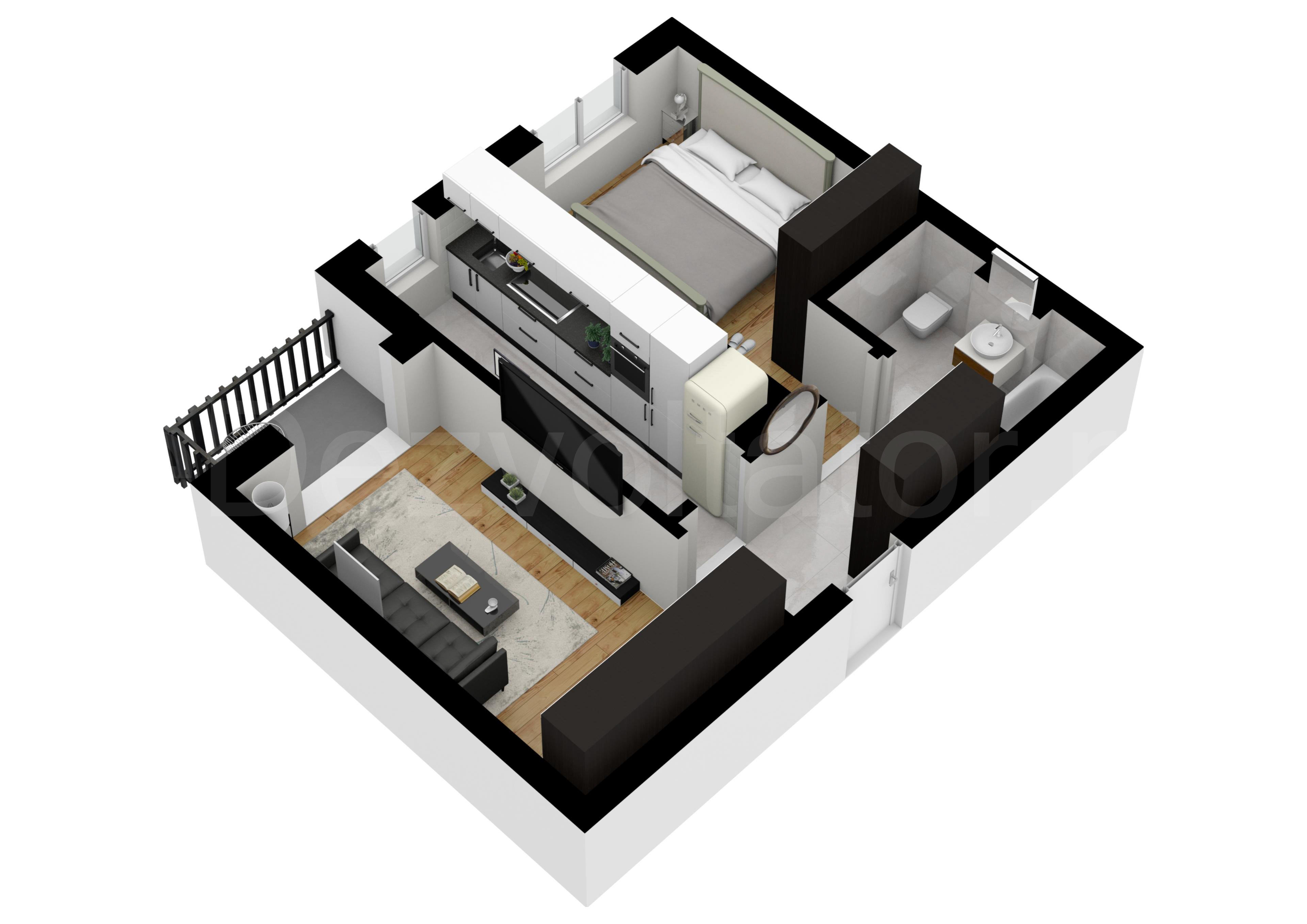 Proiecție 3D Apartament 2 camere 48 mp Sun Tower