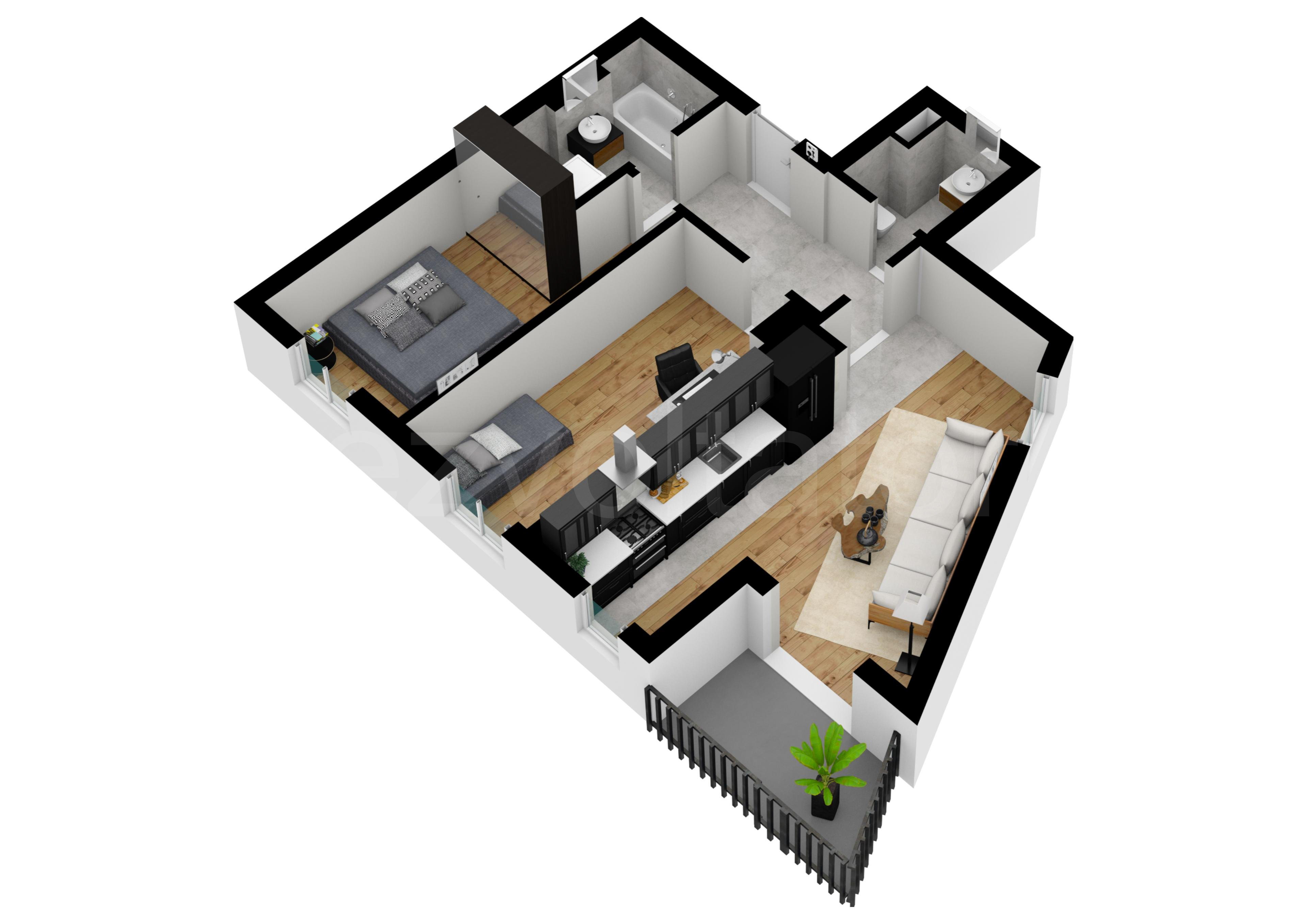 Proiecție 3D Apartament 3 camere 59 mp Sun Tower
