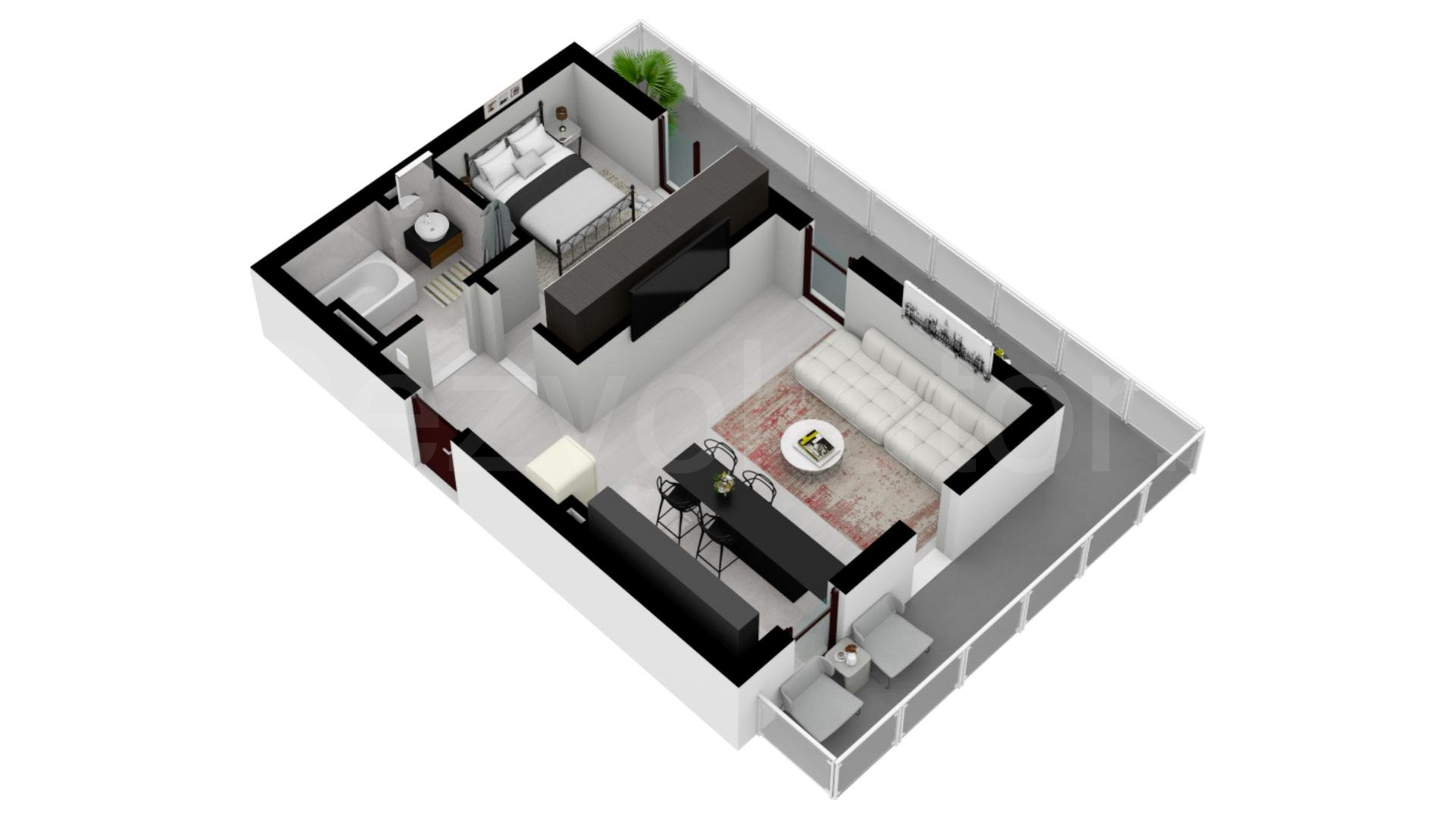 Apartament 2 Camere 66mp Trio Bridge View Proiecție 3D 