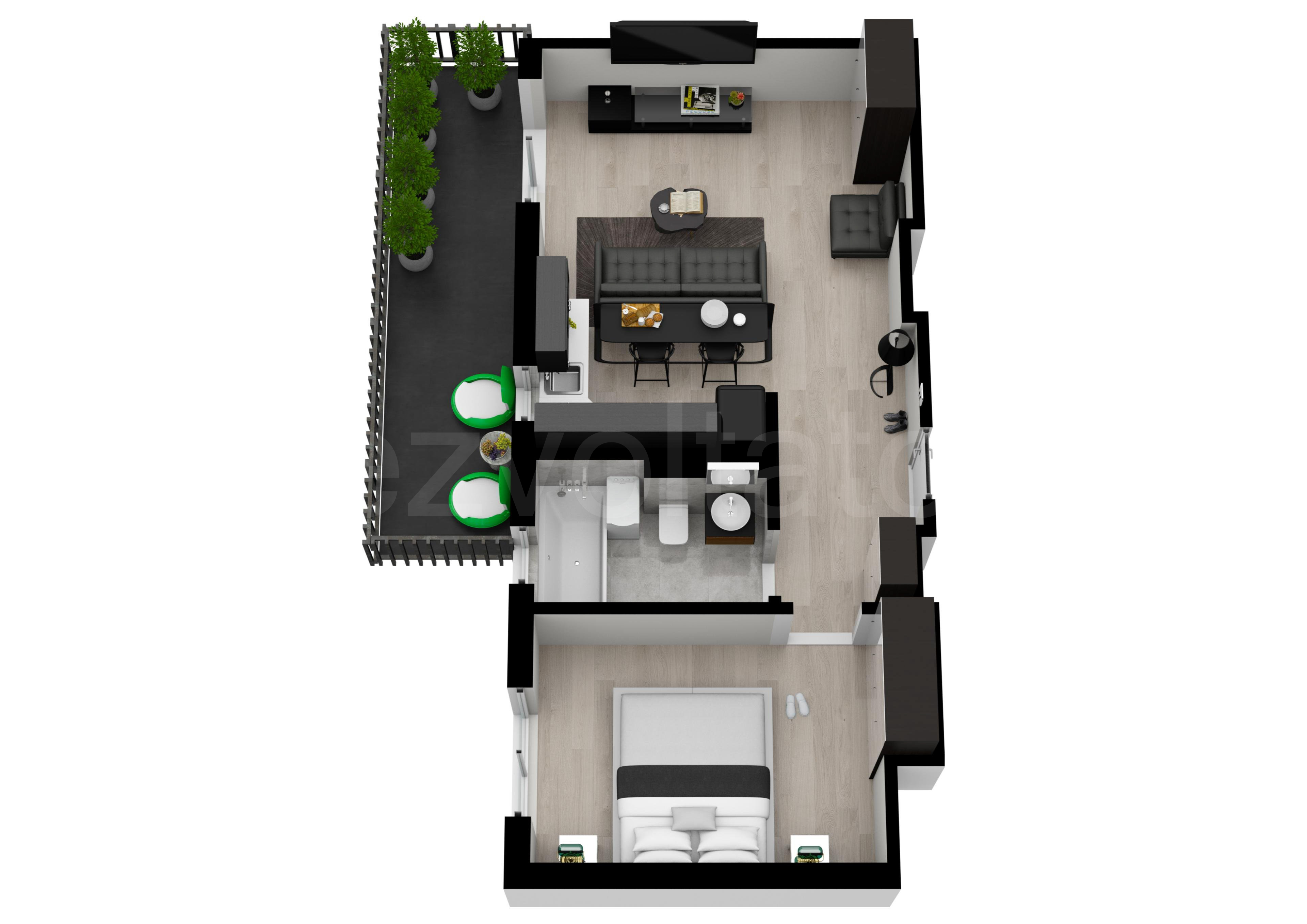 Proiecție 3D Apartament 2 camere 56 mp Opera Residence