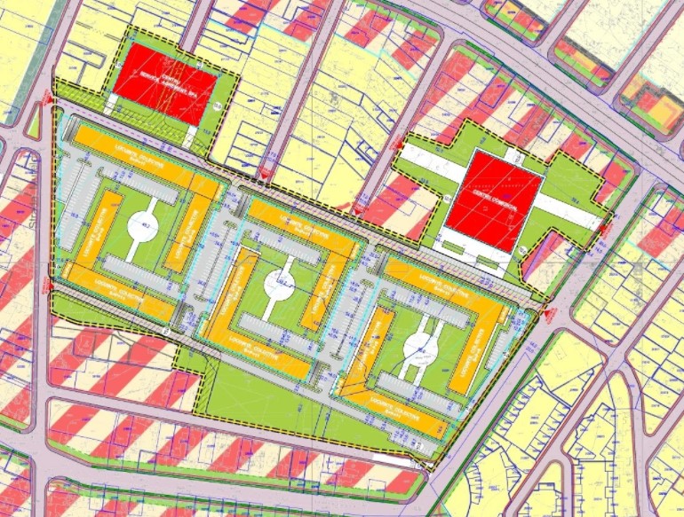 Planul Urbanistic Zonal (PUZ) pentru Aqua City. Cu galben sunt cele șase blocuri, iar cu gri sunt parcările supraterane de reședință. Cele două arii roșii reprezintă viitorul centru de relaxare și cel comercial pe bucata de teren (8600 mp) vândută de dezvoltator către firma Lidl