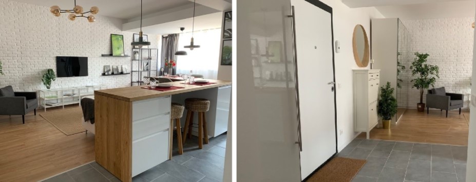Amenajare pentru un apartament de tip open space, cu bucătăria deschisă