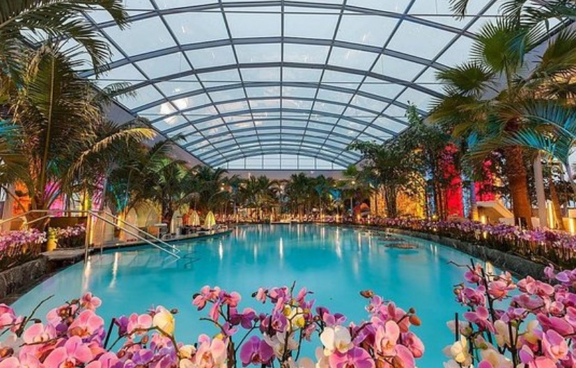 O piscină generoasă înconjurată de sute de flori și de zeci de palmieri, cu intrare pe o scară care ajunge până pe fundul apei și cu un tavan din sticlă prin care poți să admiri cerul, așa se descrie una dintre multele piscine aflate în interiorul Parcului Acvatic Therme București